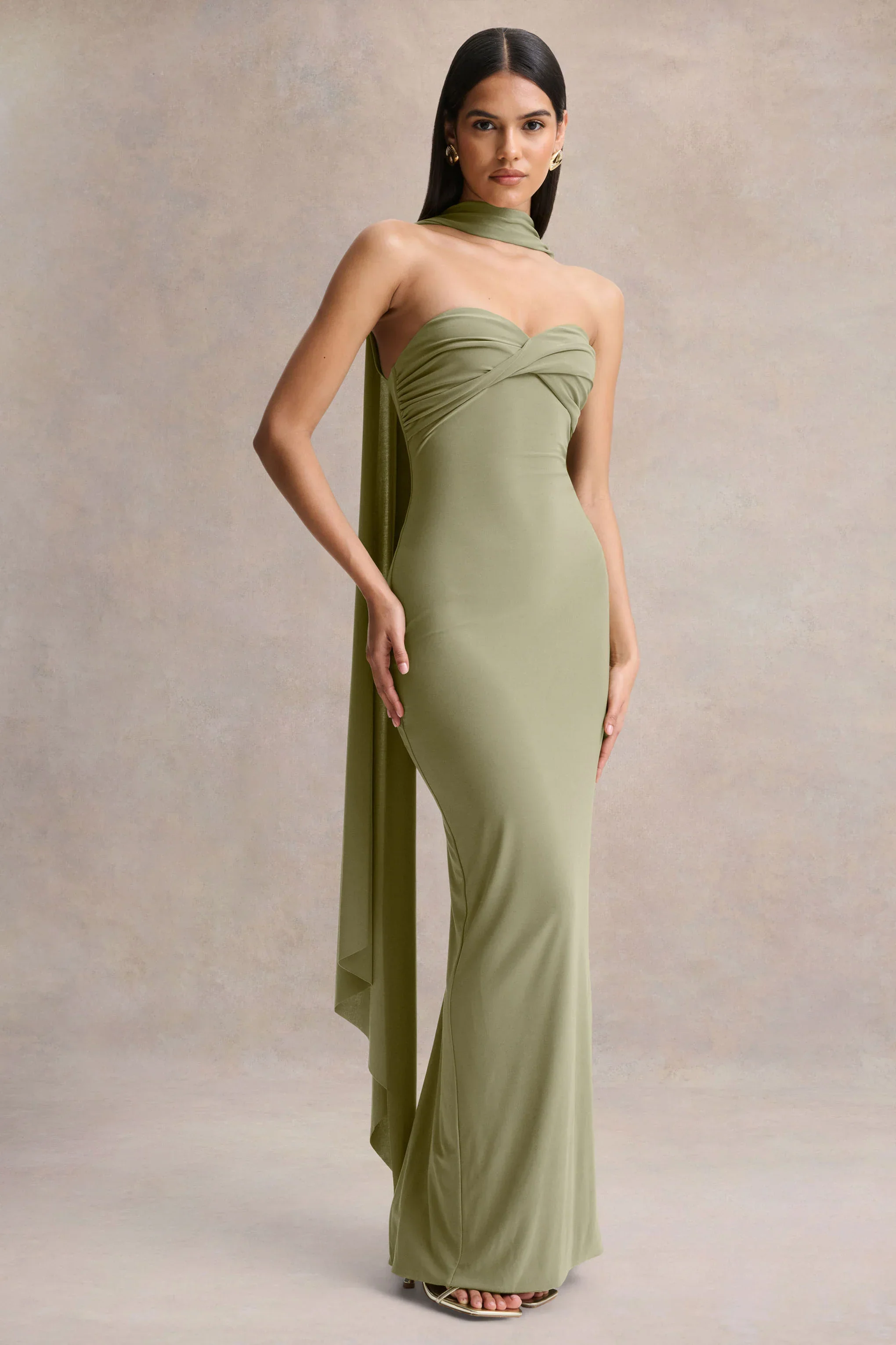 Sheila | Olive Bandeau Maxi Dress With Scarf Detail
