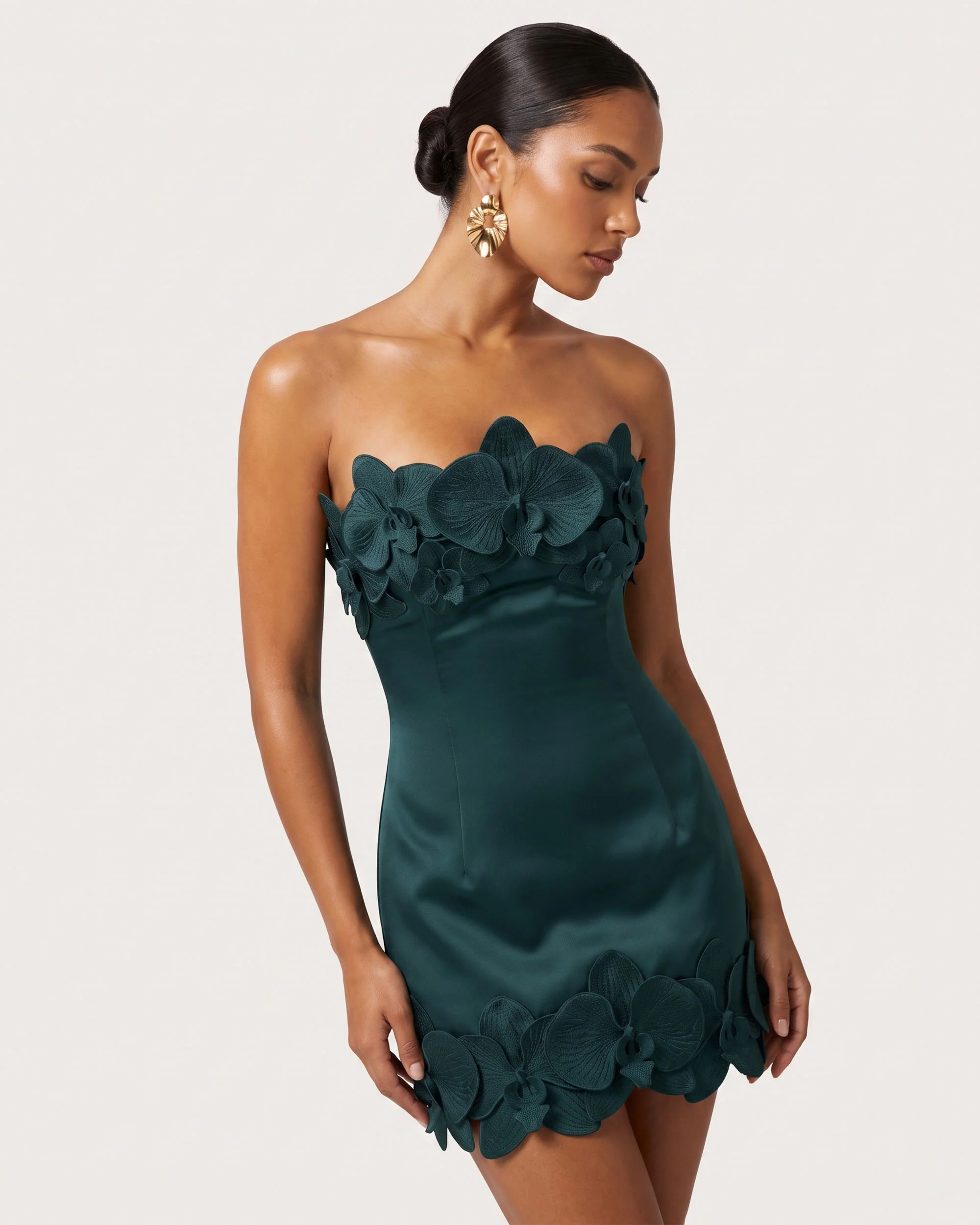Orchid Trim Strapless Mini Dress - Dark Green - FASHION NOB