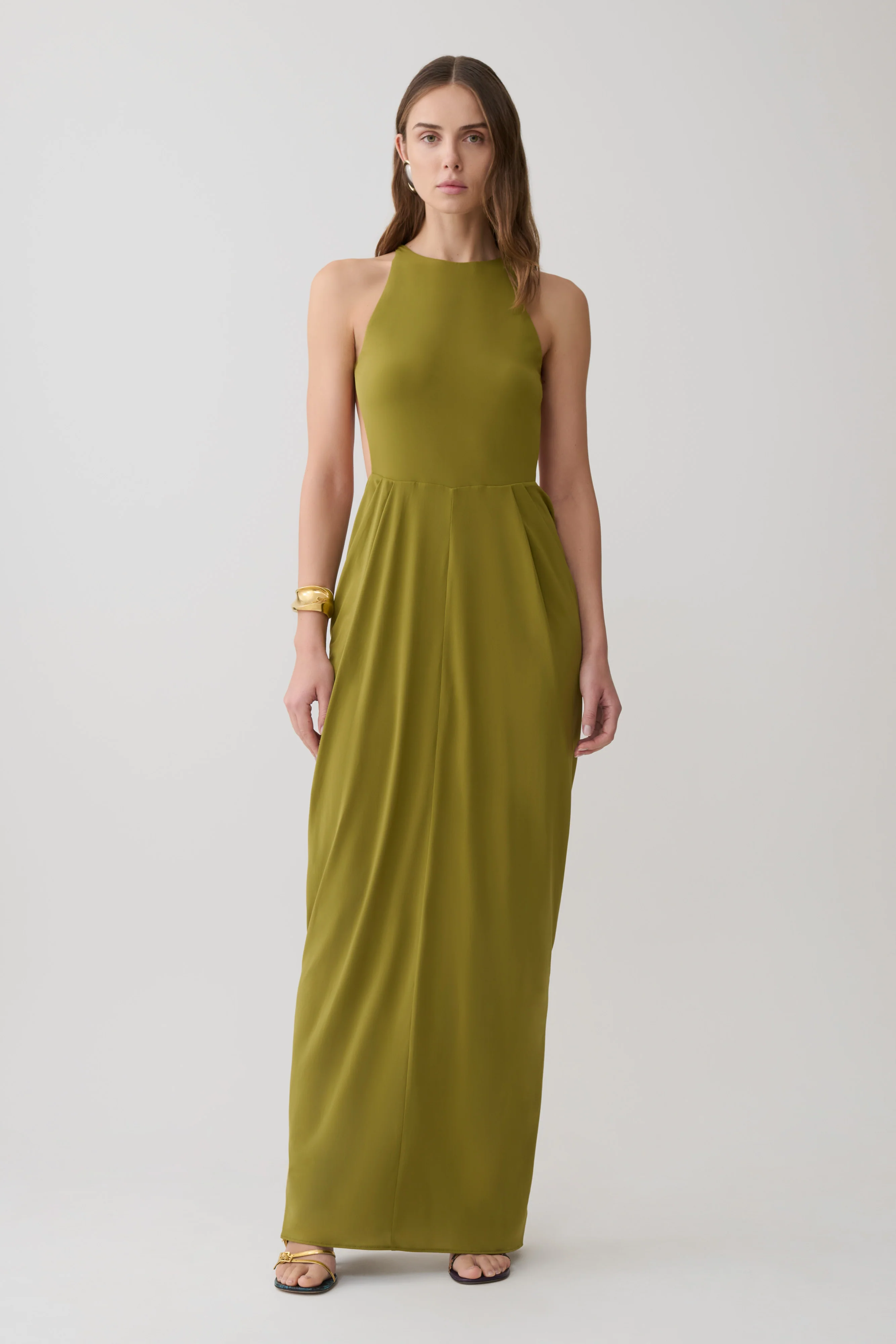 Bahari Low Back Halter Maxi Dress - Vintage Olive