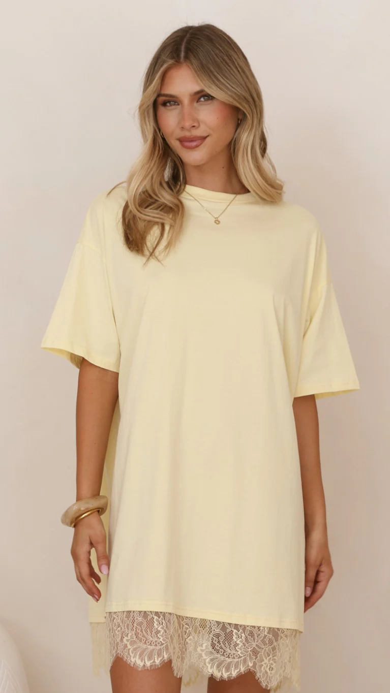 Saya T Shirt Lace Mini Dress - Yellow