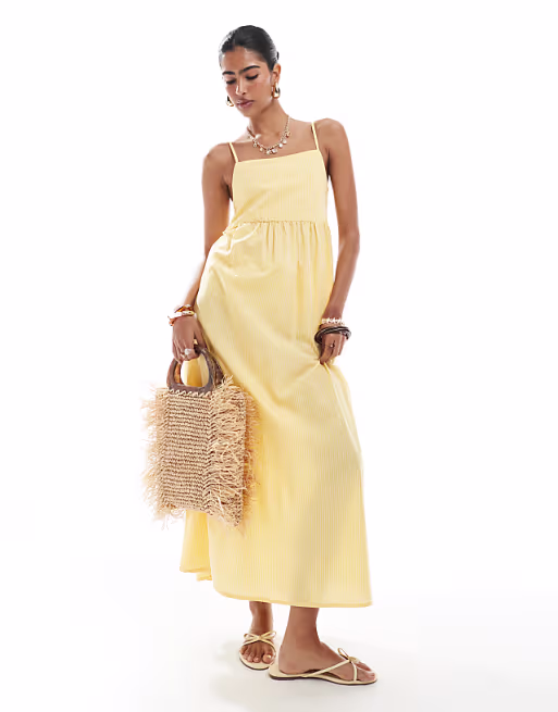 PIECES cami midi dress in pale yellow stripe