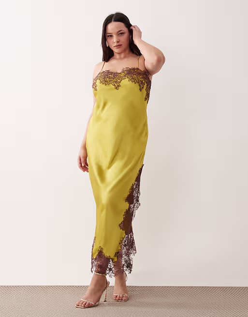 Curve satin lace applique midi dress in bright olive green