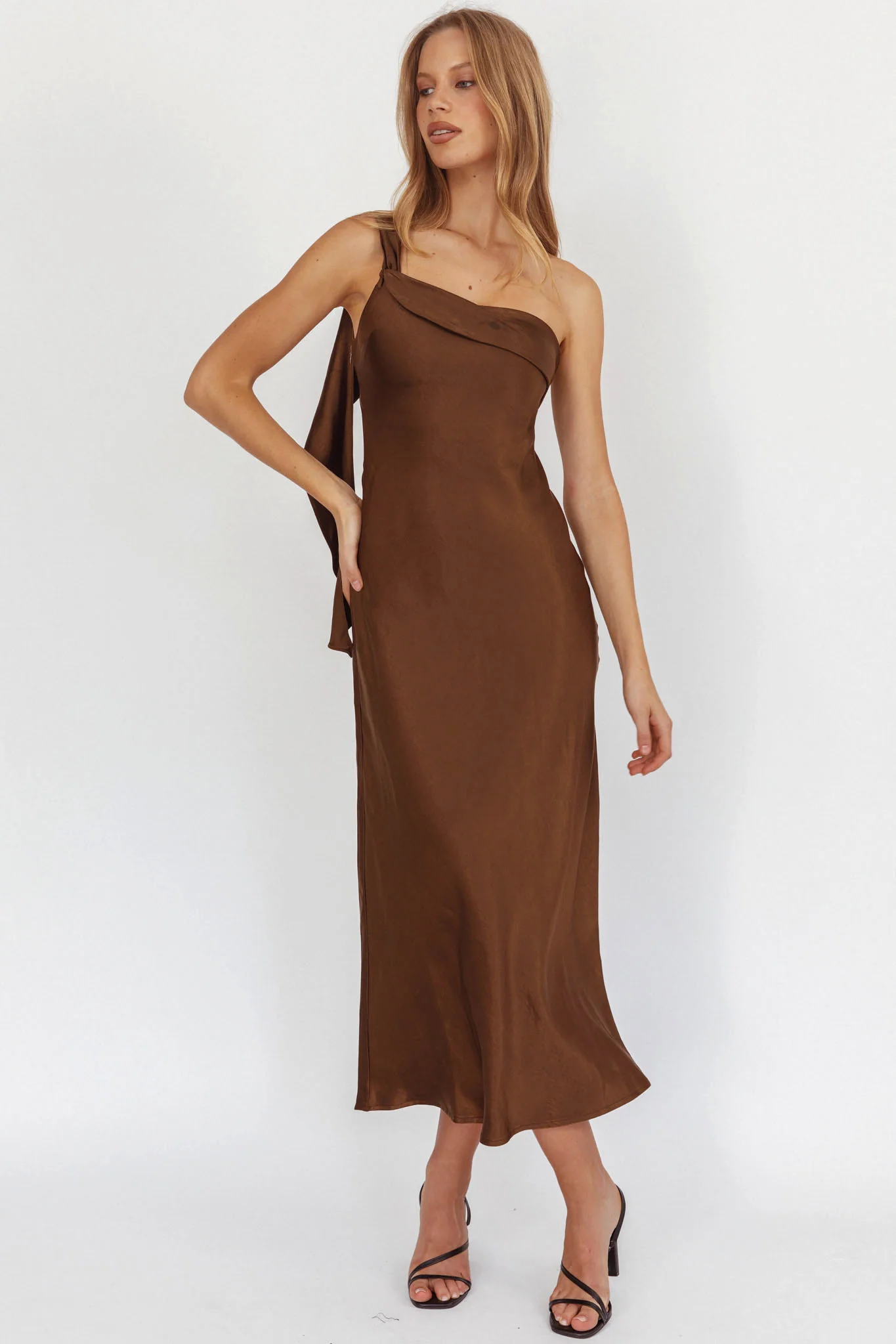 Carmel One-Shoulder Sash Maxi Dress Chocolate - luluinthesky