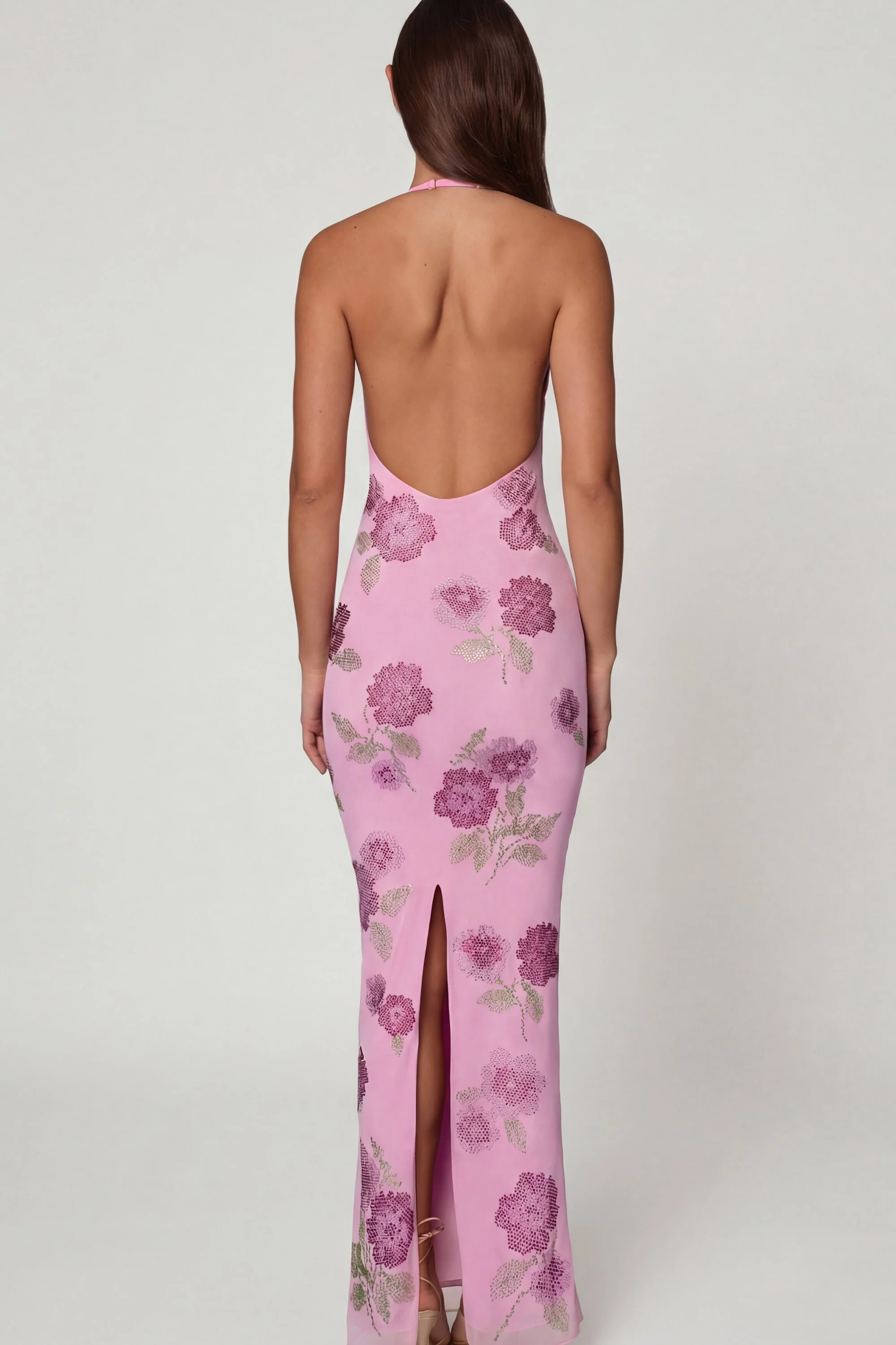 Embellished Halterneck Maxi Dress in Soft Pink