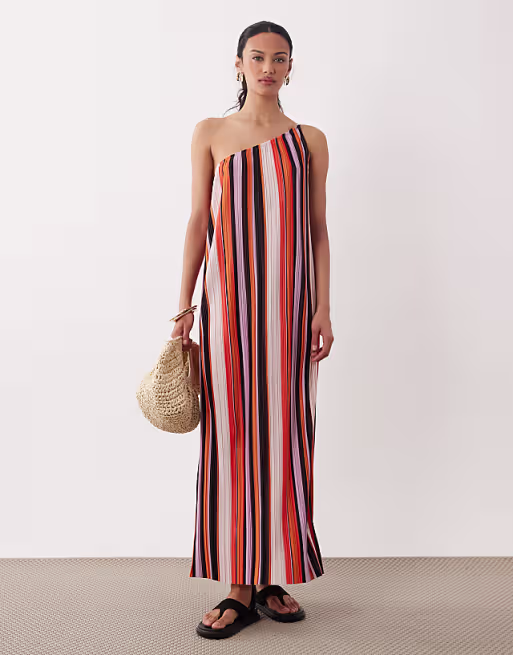 one shoulder plisses maxi dress in colorful stripe