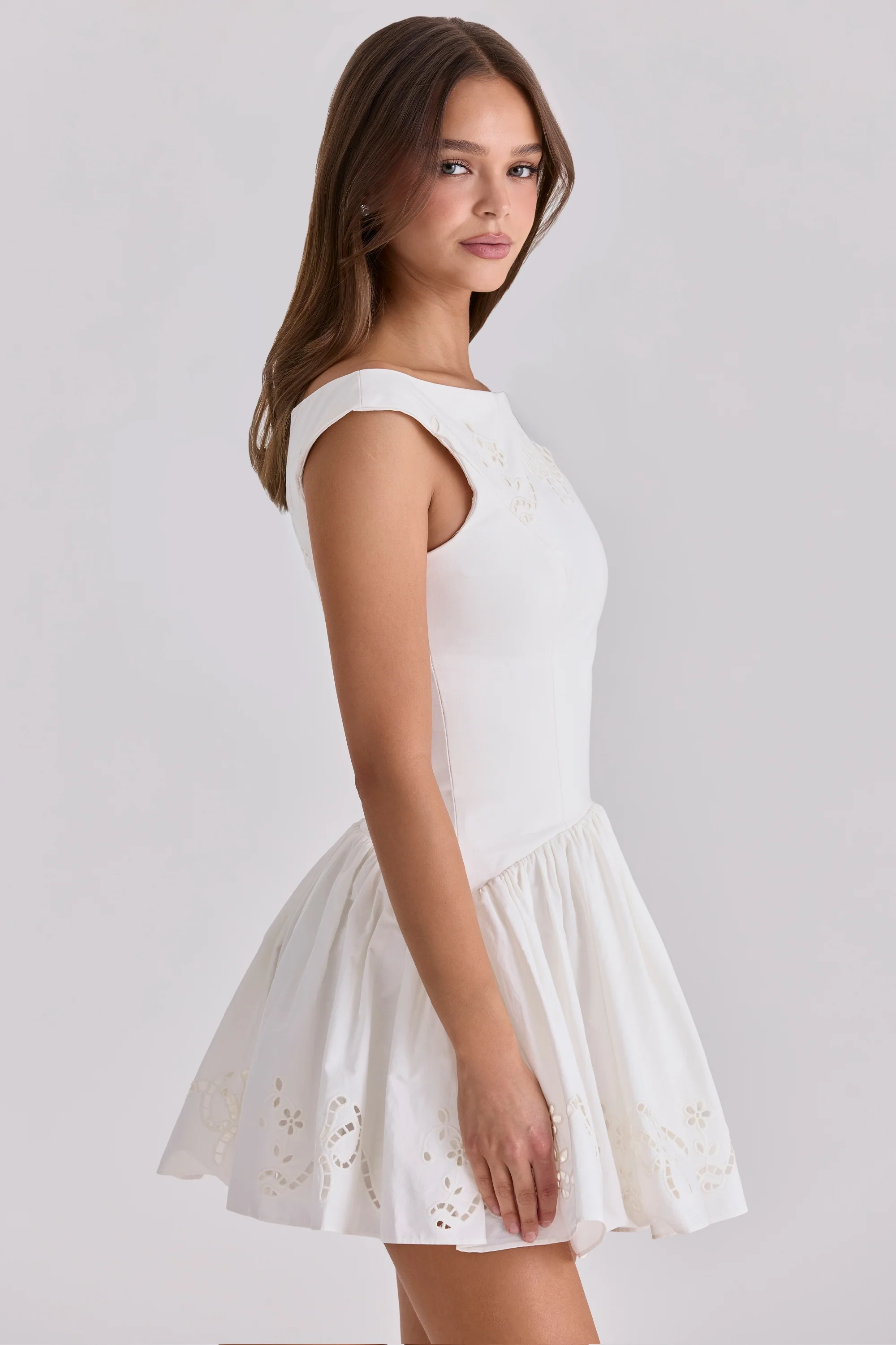 white cotton broderie anglaise boat neck mini dress - luluinthesky