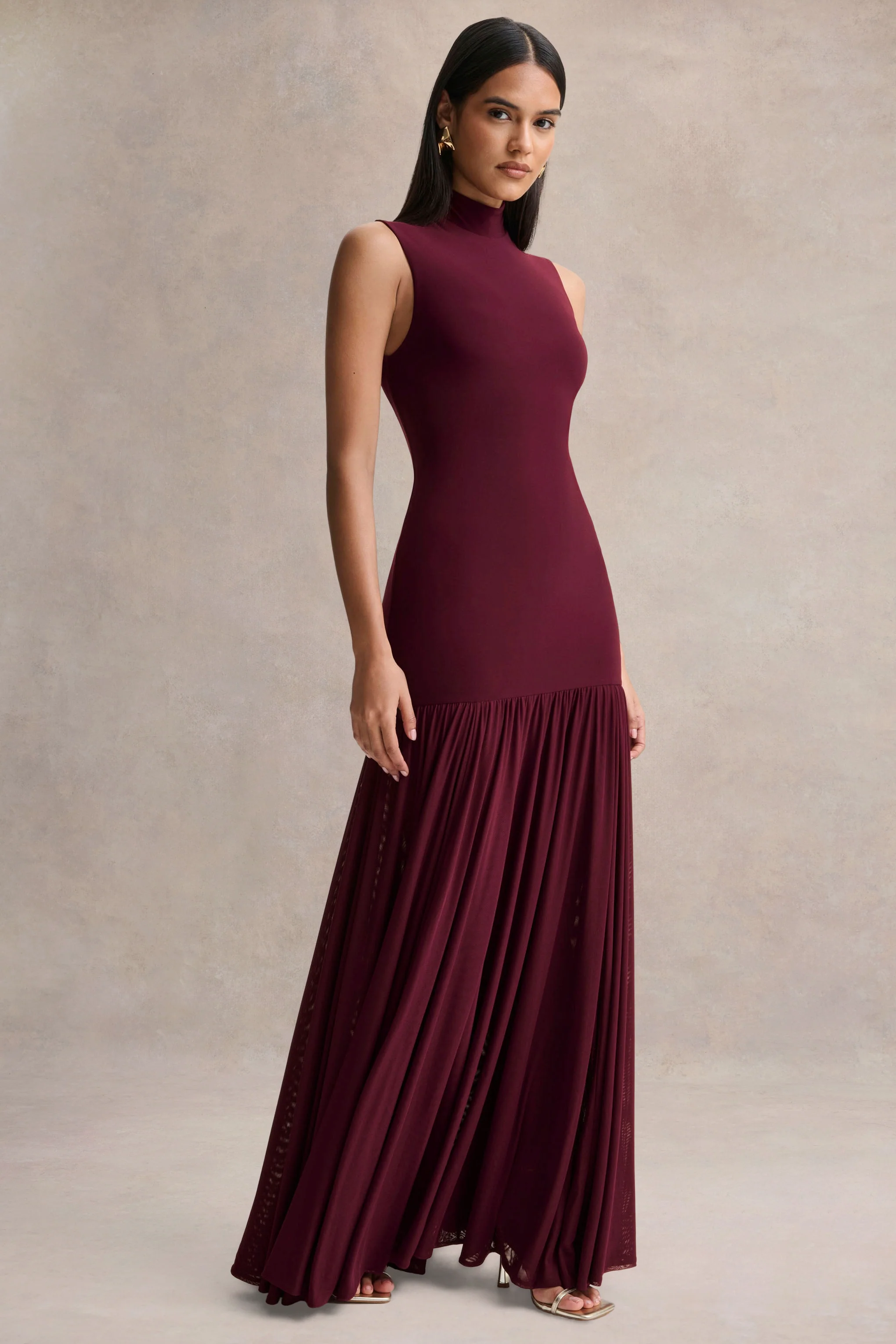 Gigi | Burgundy High-Neck Maxi Dress With Drop-Waist And Sheer Skirt