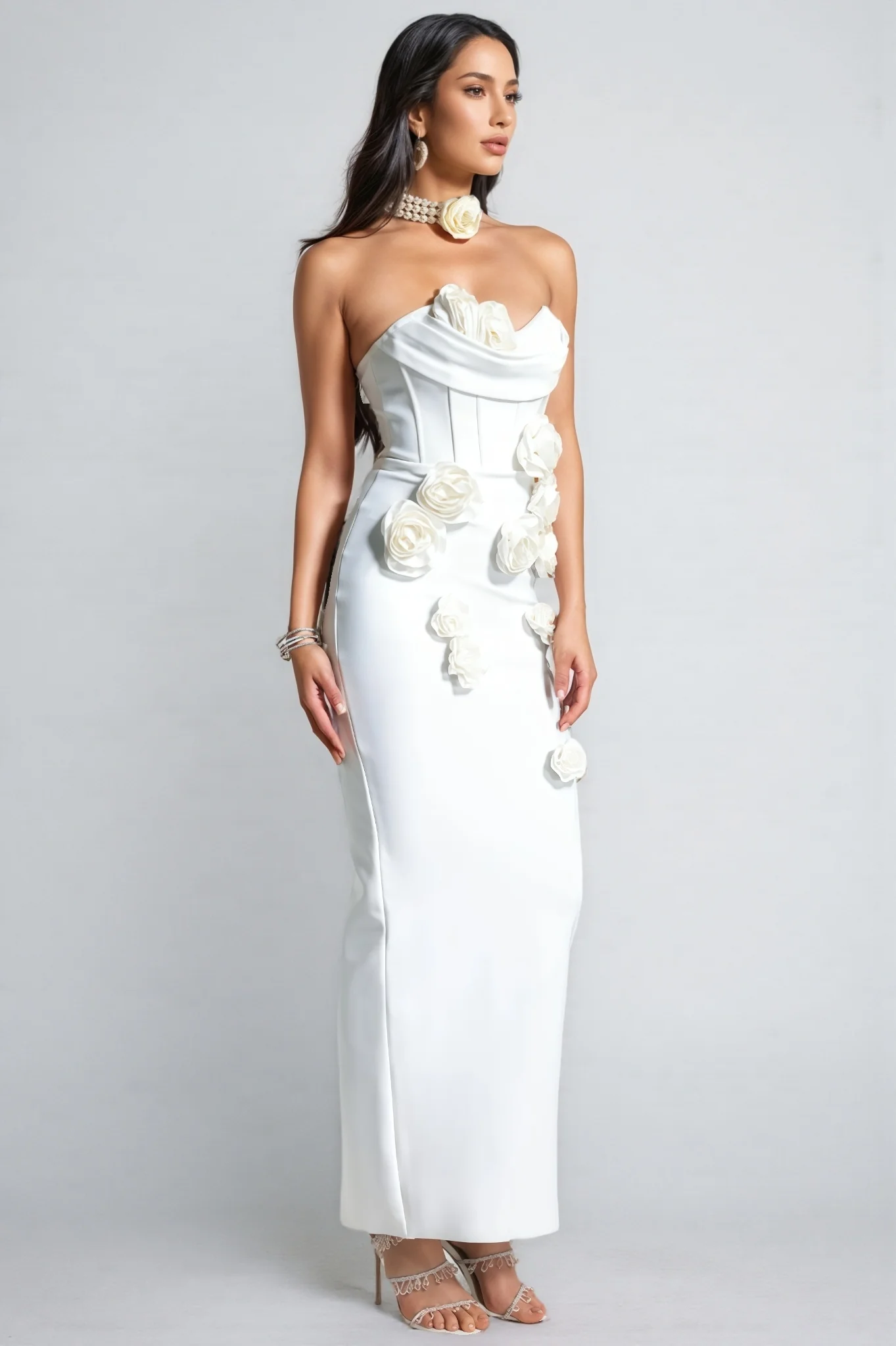 Islay White Rose Off Shoulder Maxi Dress