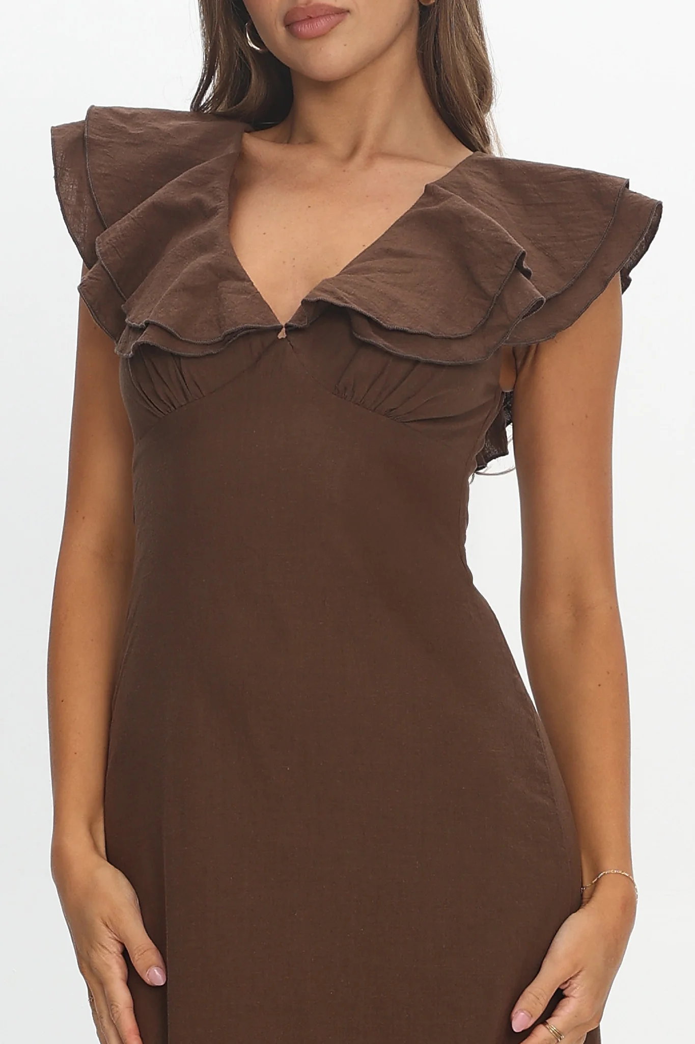 Anohana Ruffle Maxi Dress Chocolate - luluinthesky