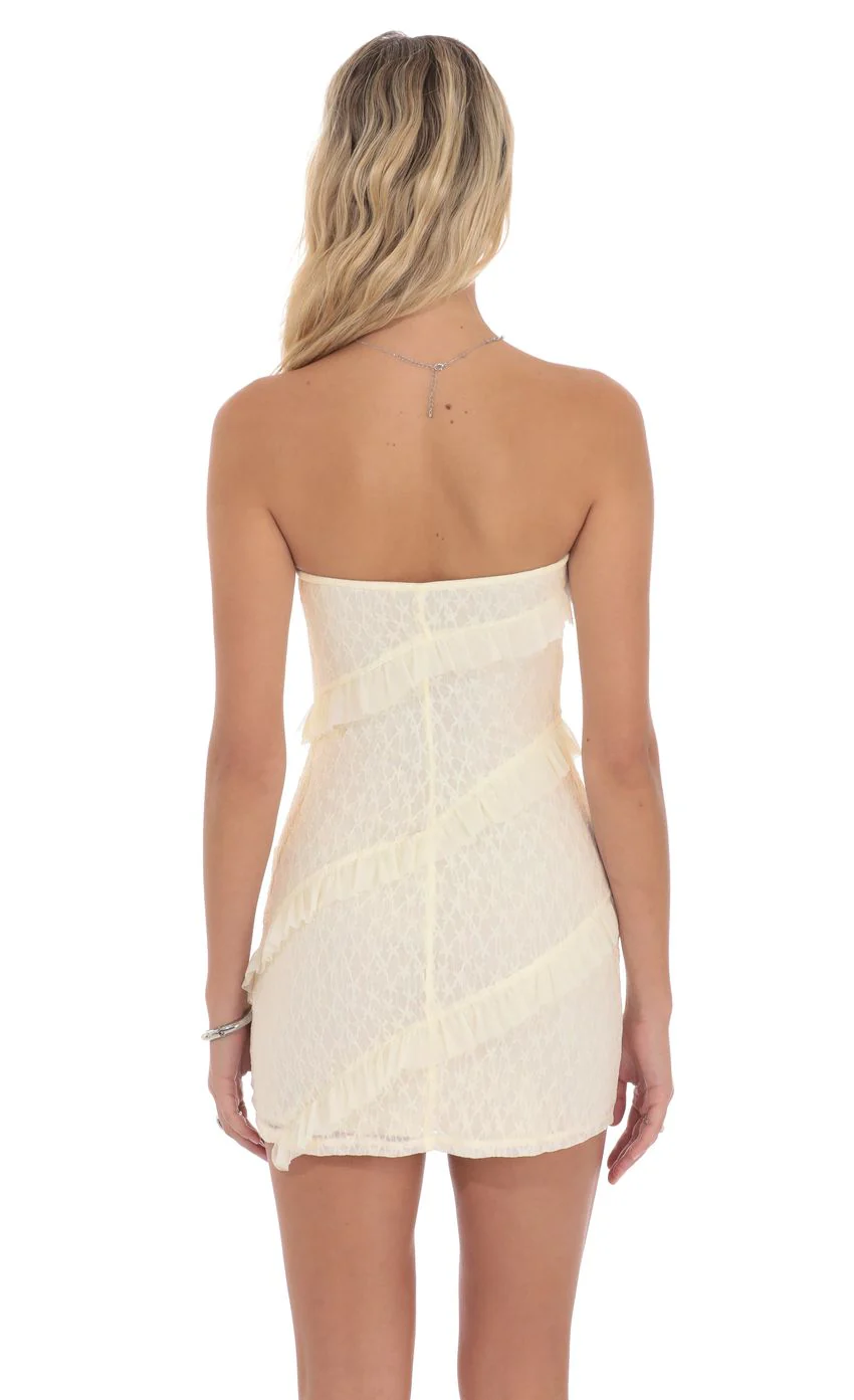 Strapless Lace Ruffle Dress in Ivory