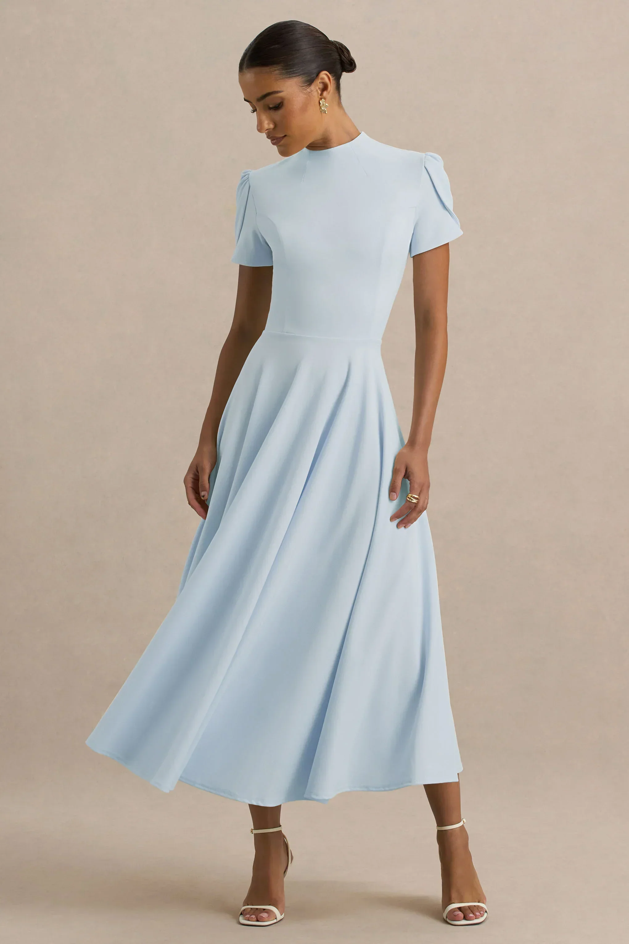Vicky | Powder Blue High Neck Midi Dress With Puff Sleeves - luluinthesky