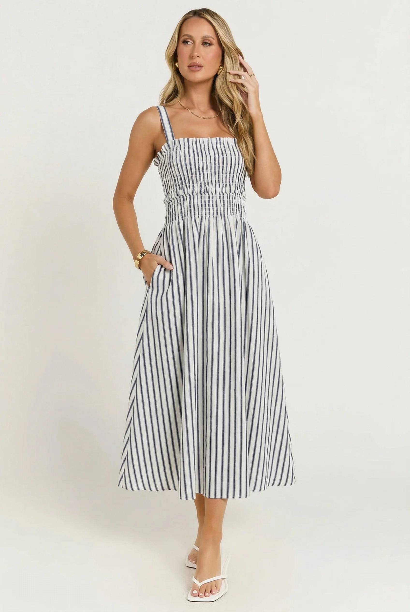 Port Café Striped Linen Midi Dress