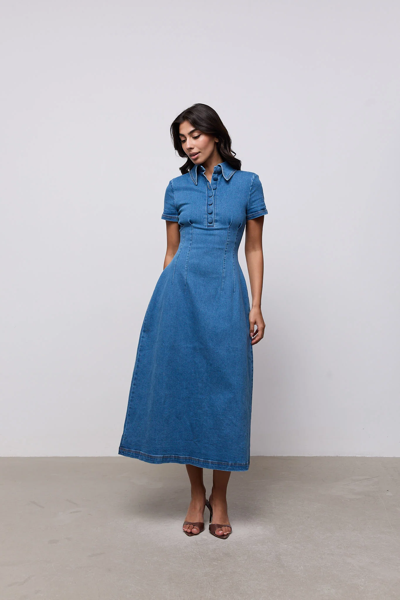 Cotton Mix Denim Collared Midi Dress