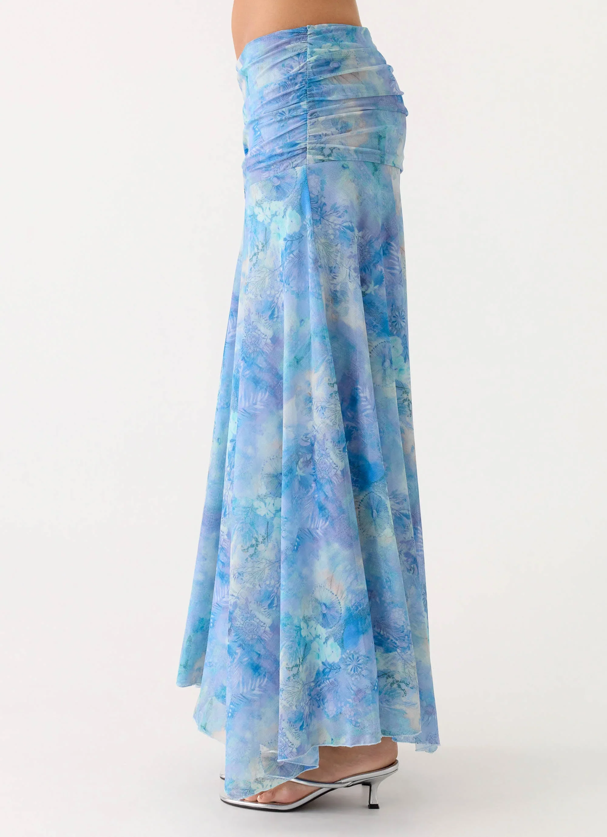Liana Ruched Maxi Skirt - Aqua Paisley