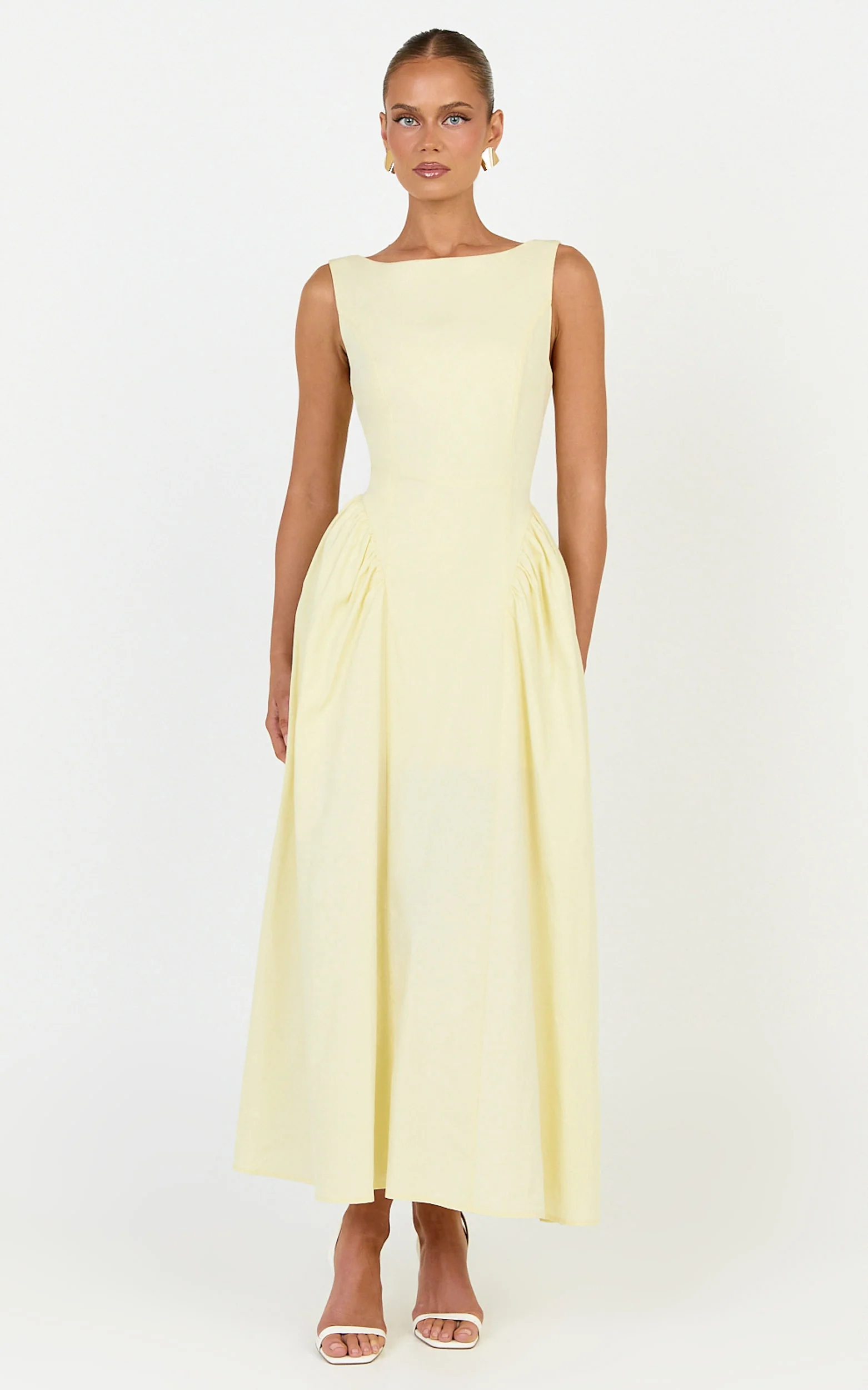 Casina Midi Dress - Boat Neck Tie Back Fit And Flare Dress in Yellow