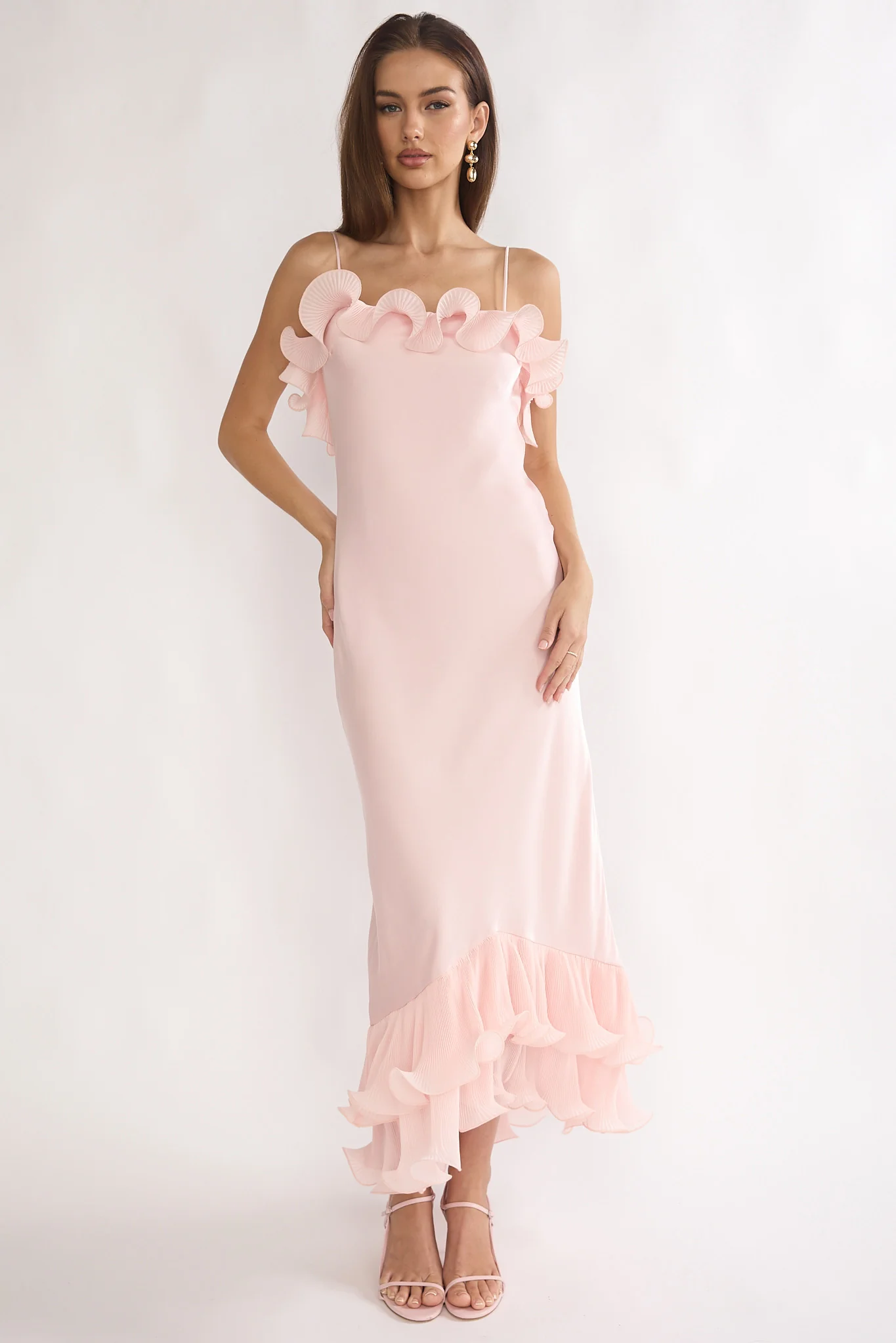 Okay, Cupid Low Back Ruffle Trim Maxi Dress Pink