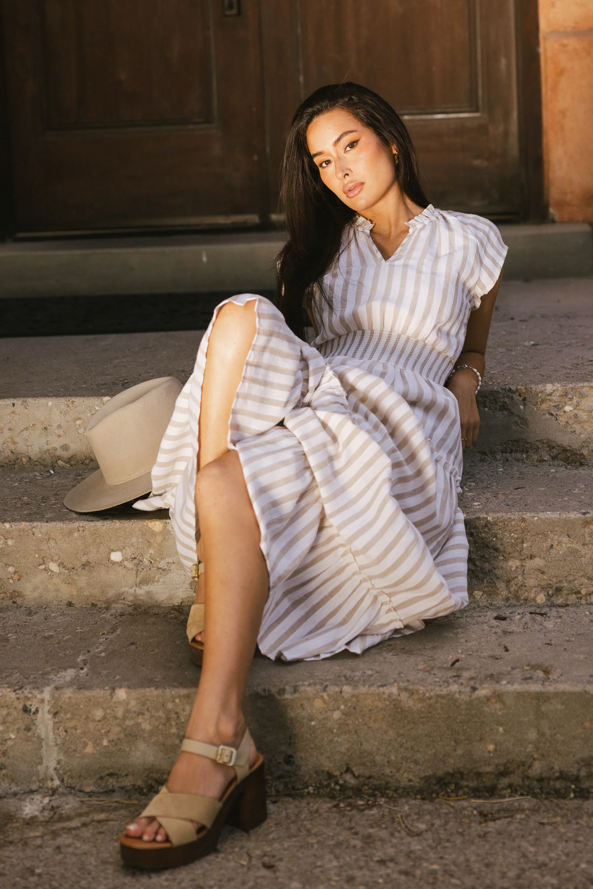 Claire Striped Maxi Dress in Taupe