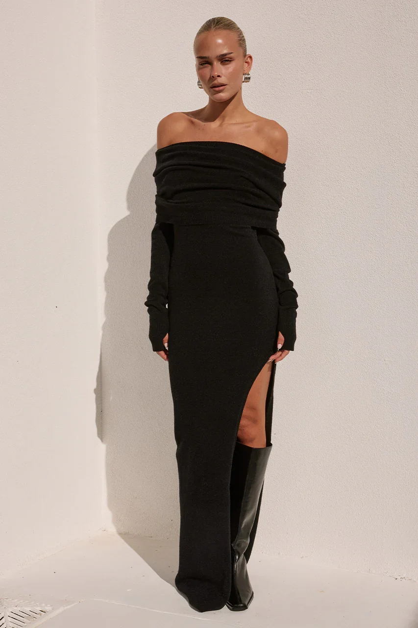 BARLY OFF SHOULDER KNIT MAXI DRESS - BLACK