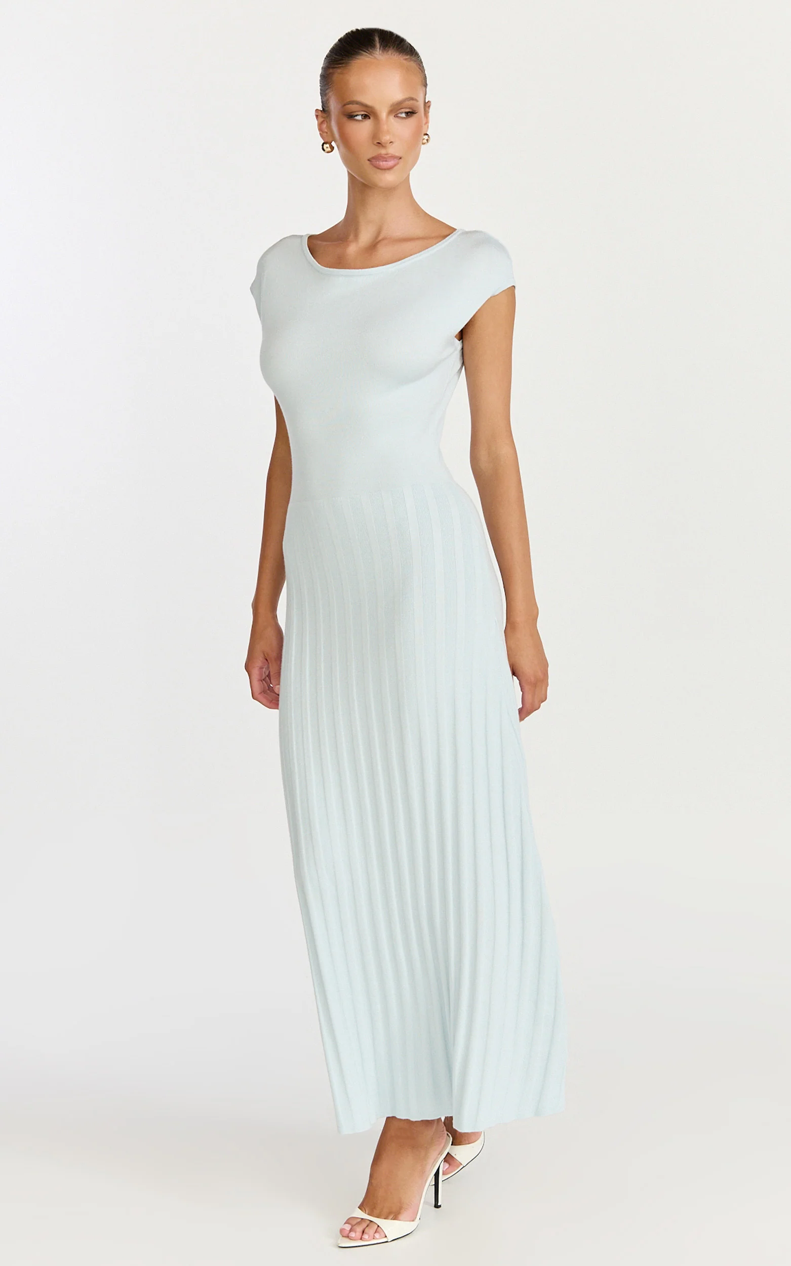 Jadey Midi Dress - Cap Sleeve Pleated Dress in Pale Blue