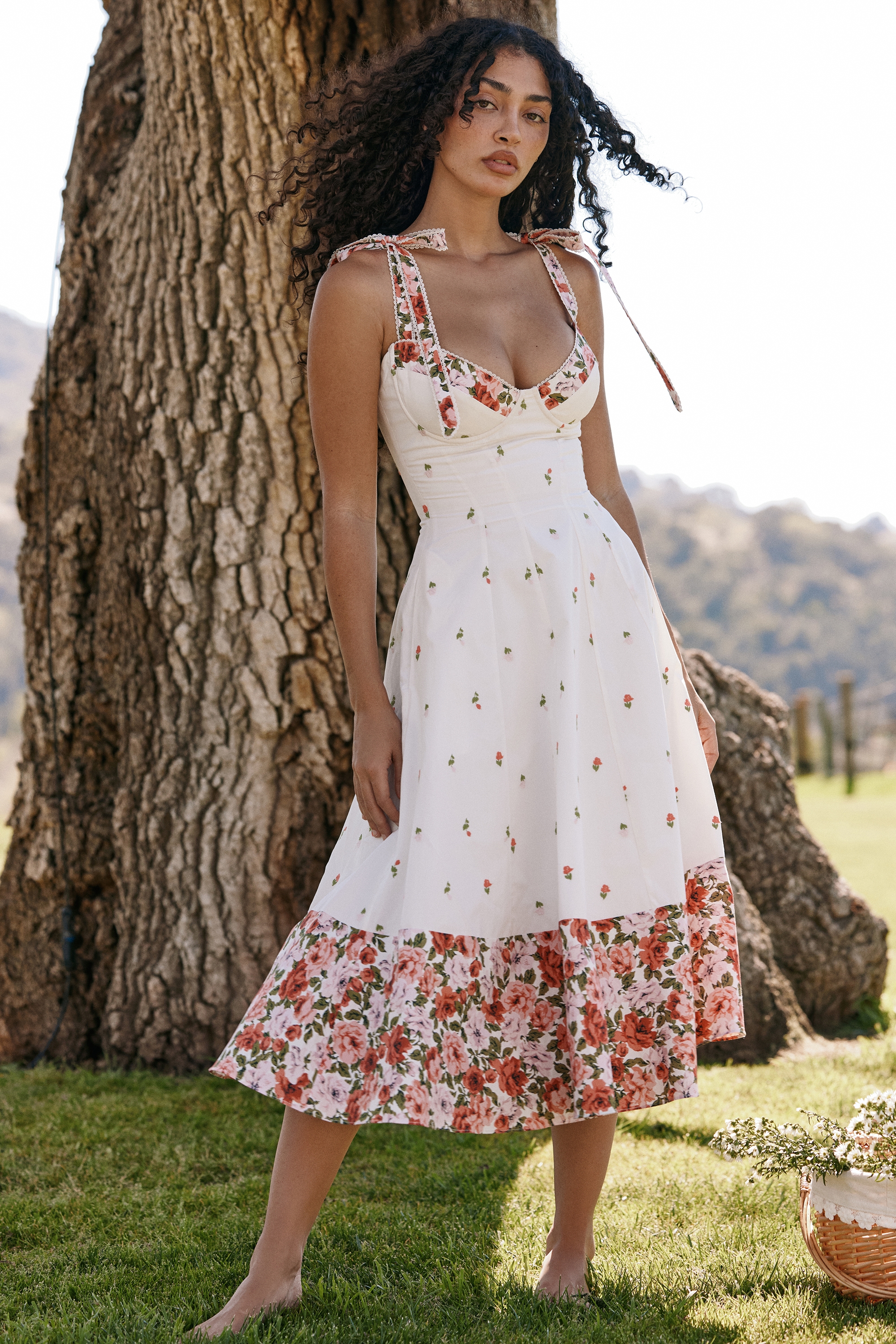 White Floral Print Stretch Cotton Midi Sundress