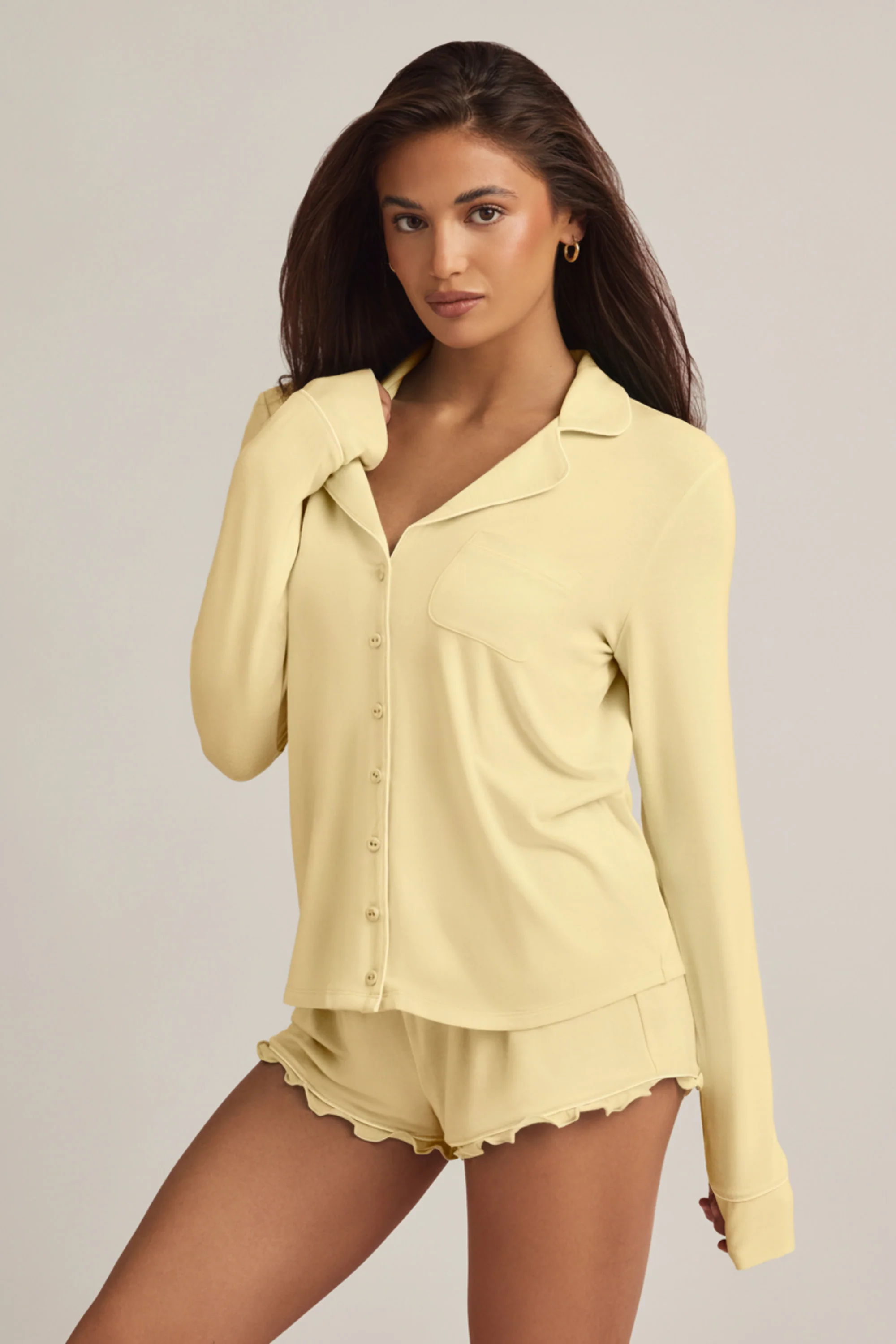 Modal Ruffle-Trim Pyjama Shorts in Pastel Yellow