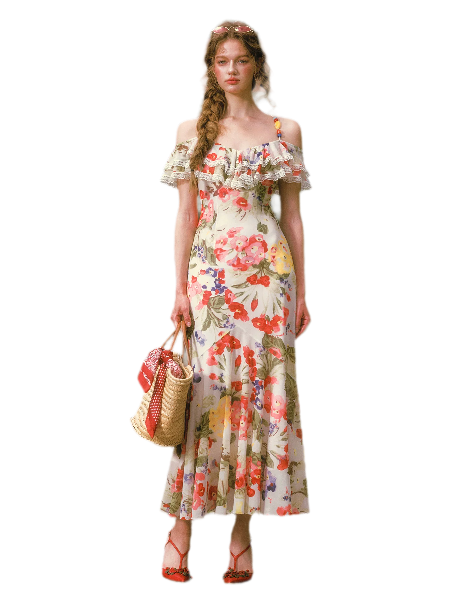 Floral Ruffle Mesh Maxi Dress