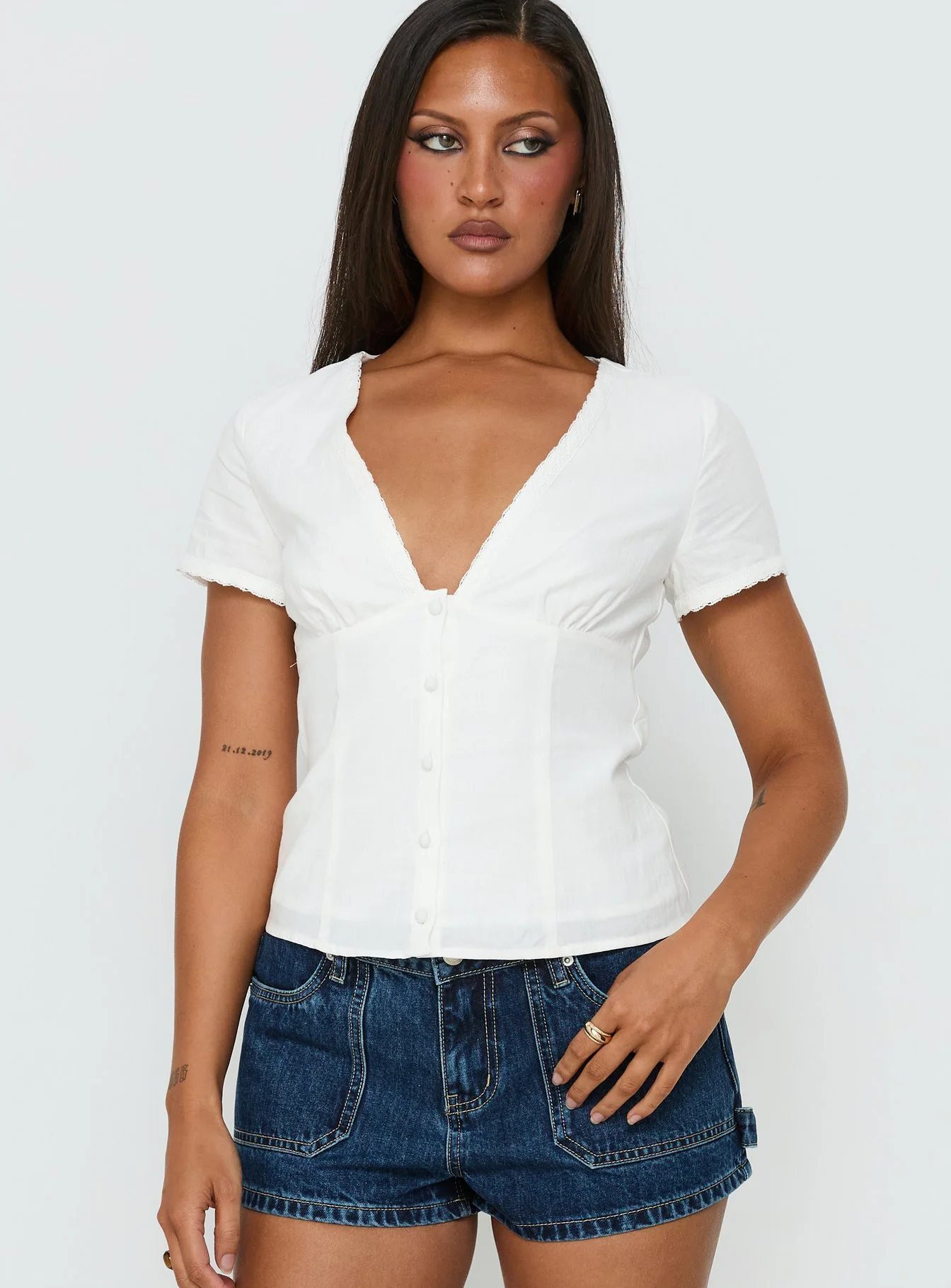 Small Fortune Lace Trim Short Sleeve Blouse Top White