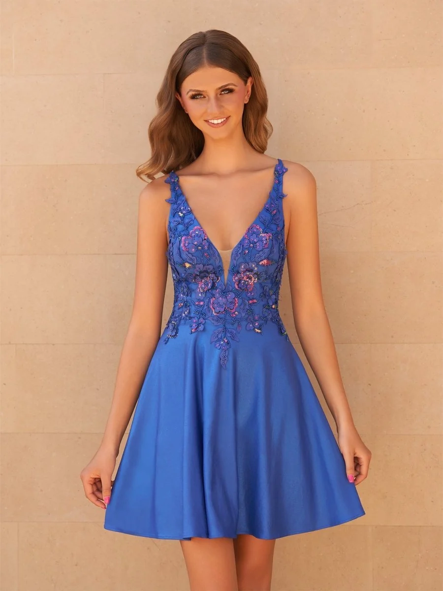 Royal Blue - A Line Satin V Neck Sequined Homecoming Dresses with Appliques