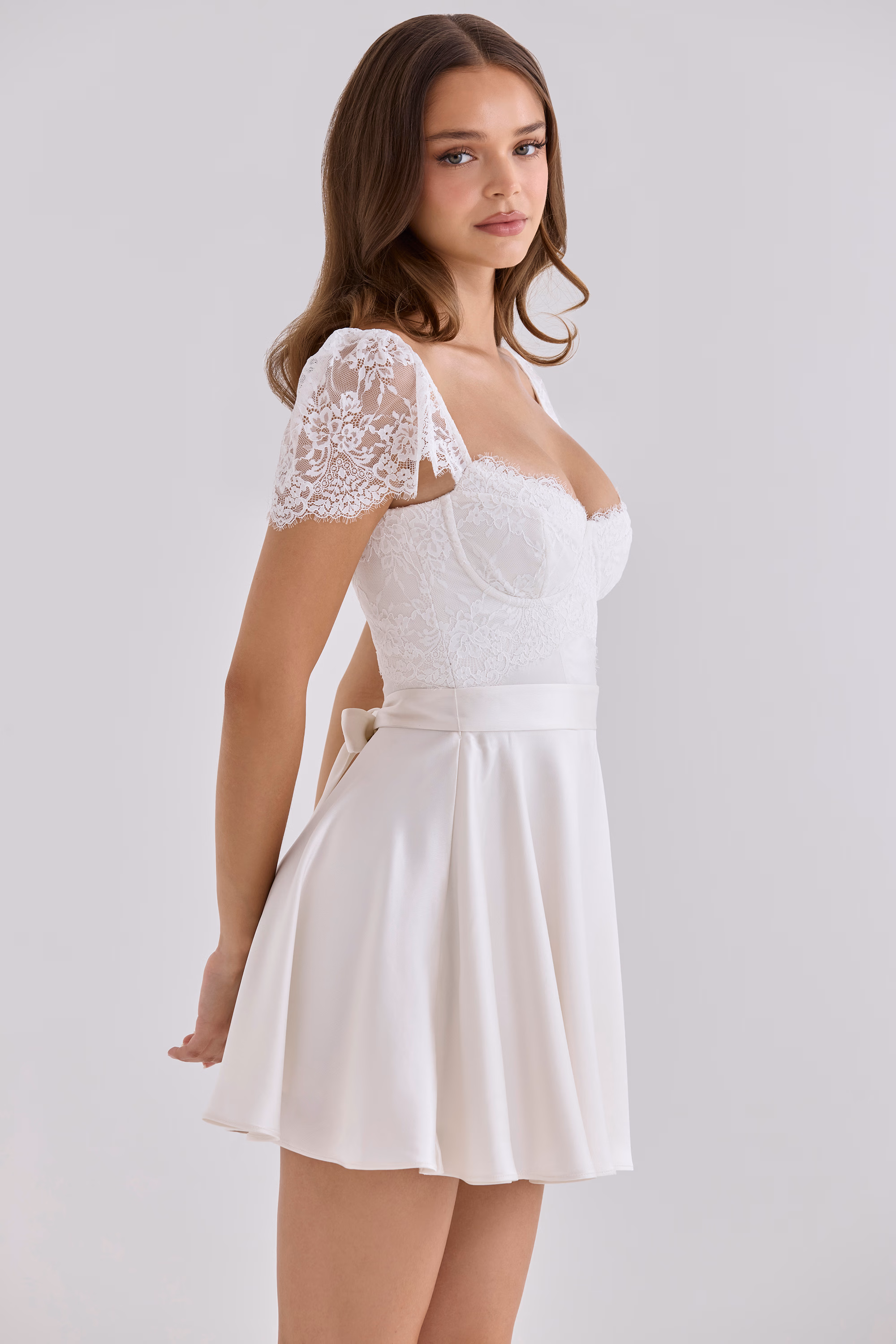 White Satin + Lace Mini Dress With Detachable Waist Tie