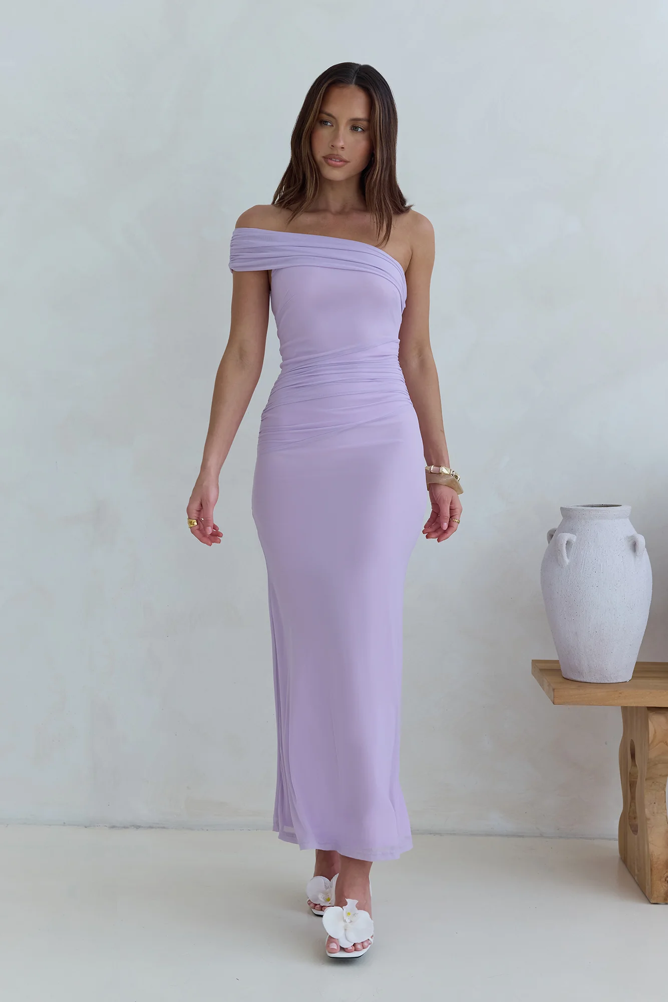 Dahlia One Shoulder Mesh Maxi Dress Lilac - luluinthesky