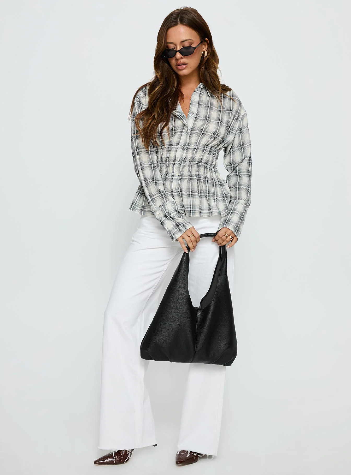 As You Are Shirred Button Up Top Black Check