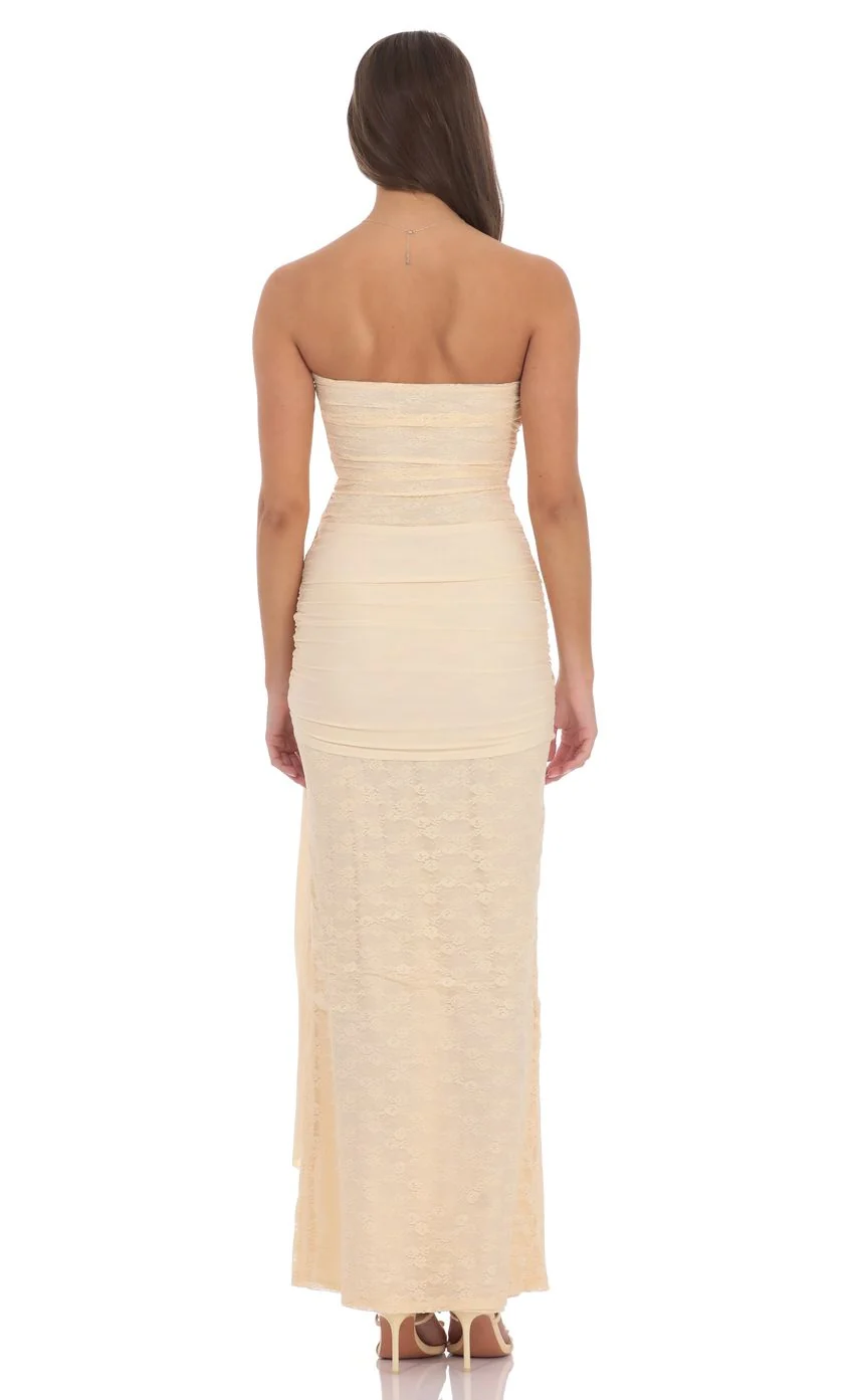 Strapless Lace Tassel Wrap Maxi Dress in Vanilla