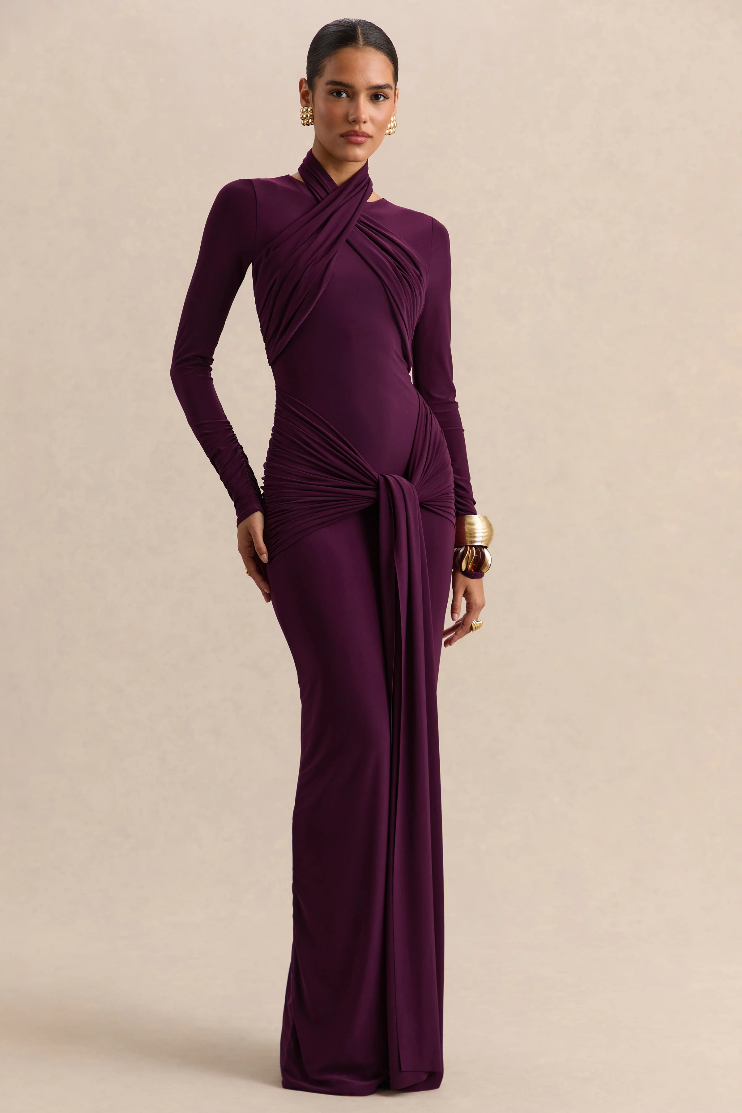 Linessa | Dark Plum High-Neck Maxi Dress With Sash And Gathered-Detailing
