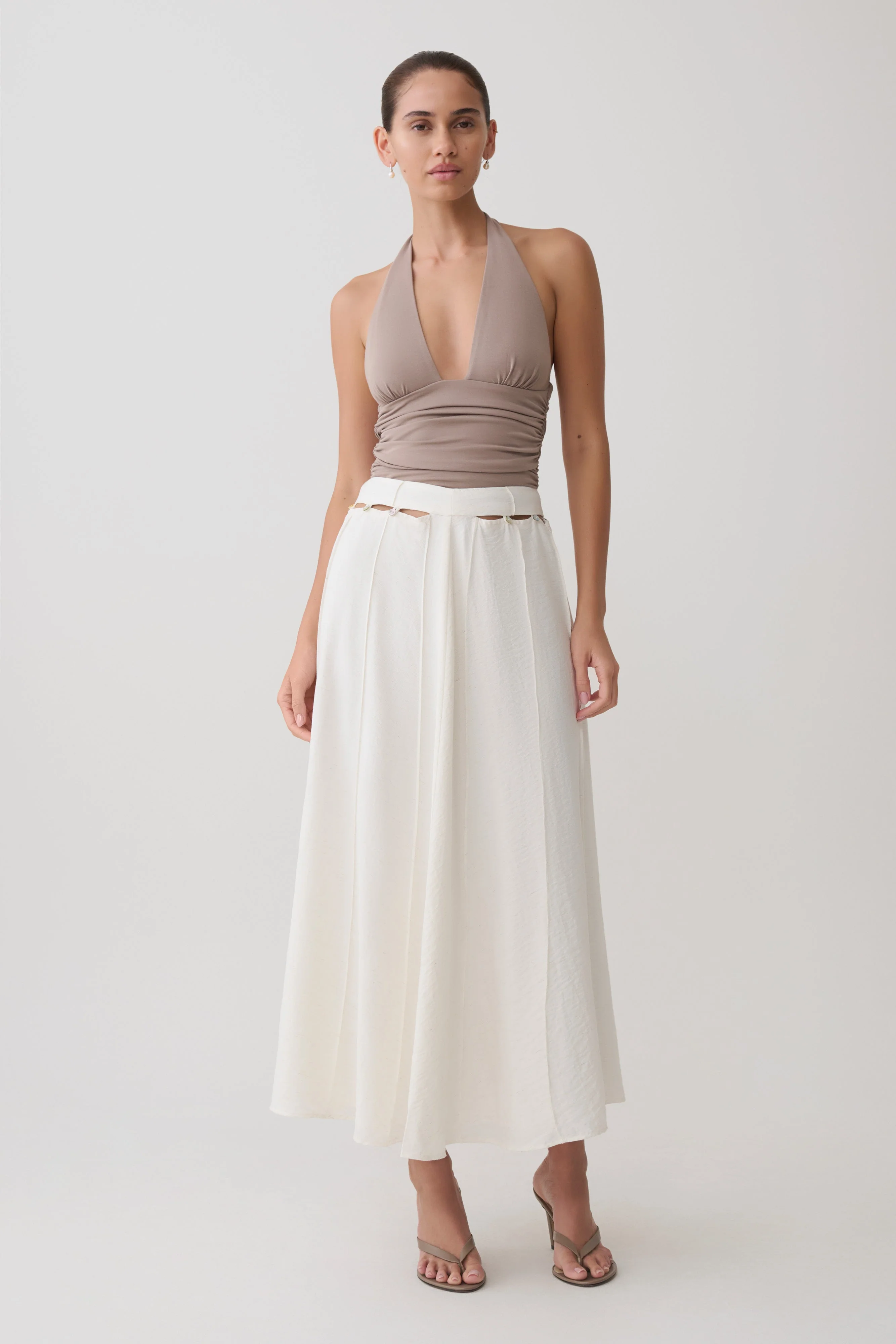 Claire Pearl Button Midi Skirt - White