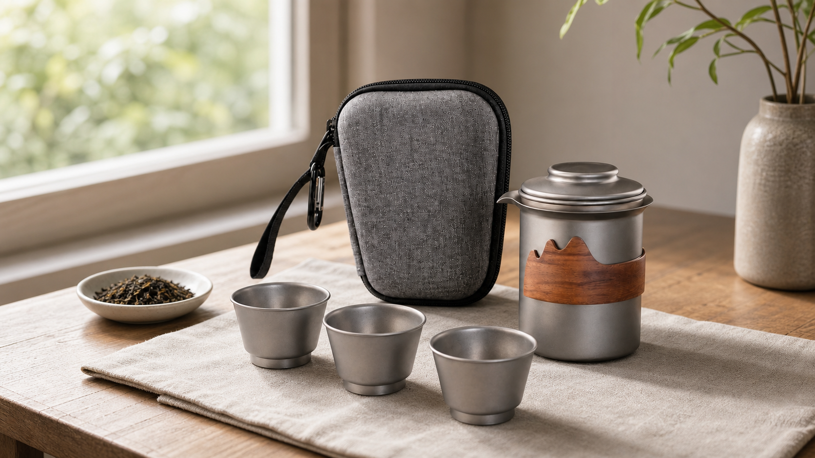 Avinoti titanium tea set arranged on a tea table with its carry case
