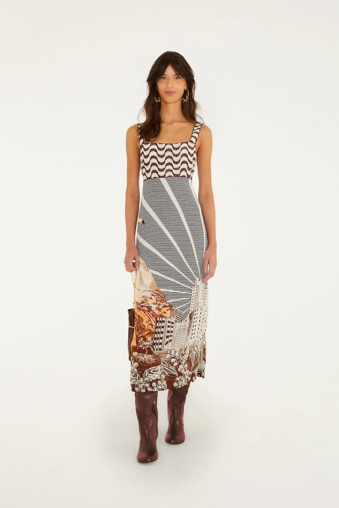 Mixed Carioca Coffee Scarves Sleeveless Midi Dress