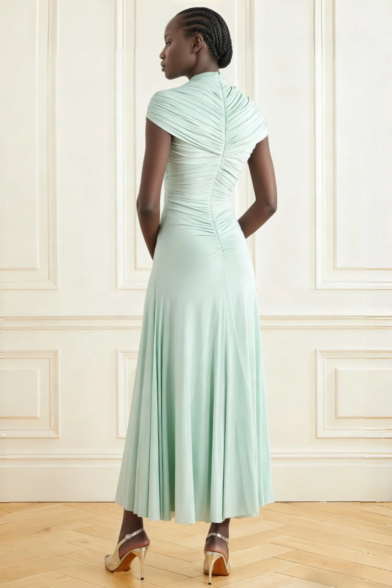 Gini Fitted Half-High Neck Pleated Maxi Dress