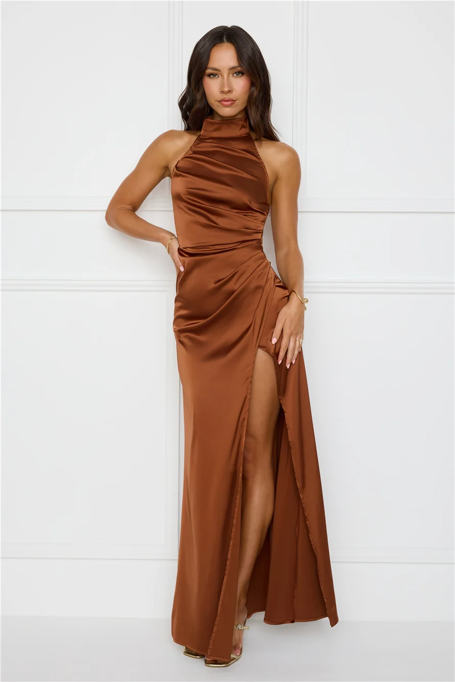 Sonnet Satin Halter Maxi Dress Chocolate