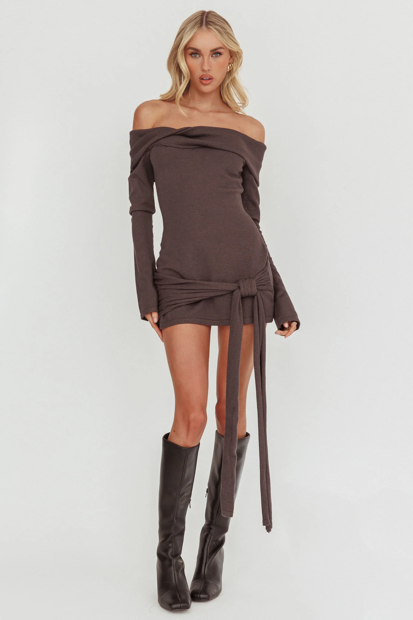 Sofina Off-Shoulder Hip Tie Mini Dress Grey