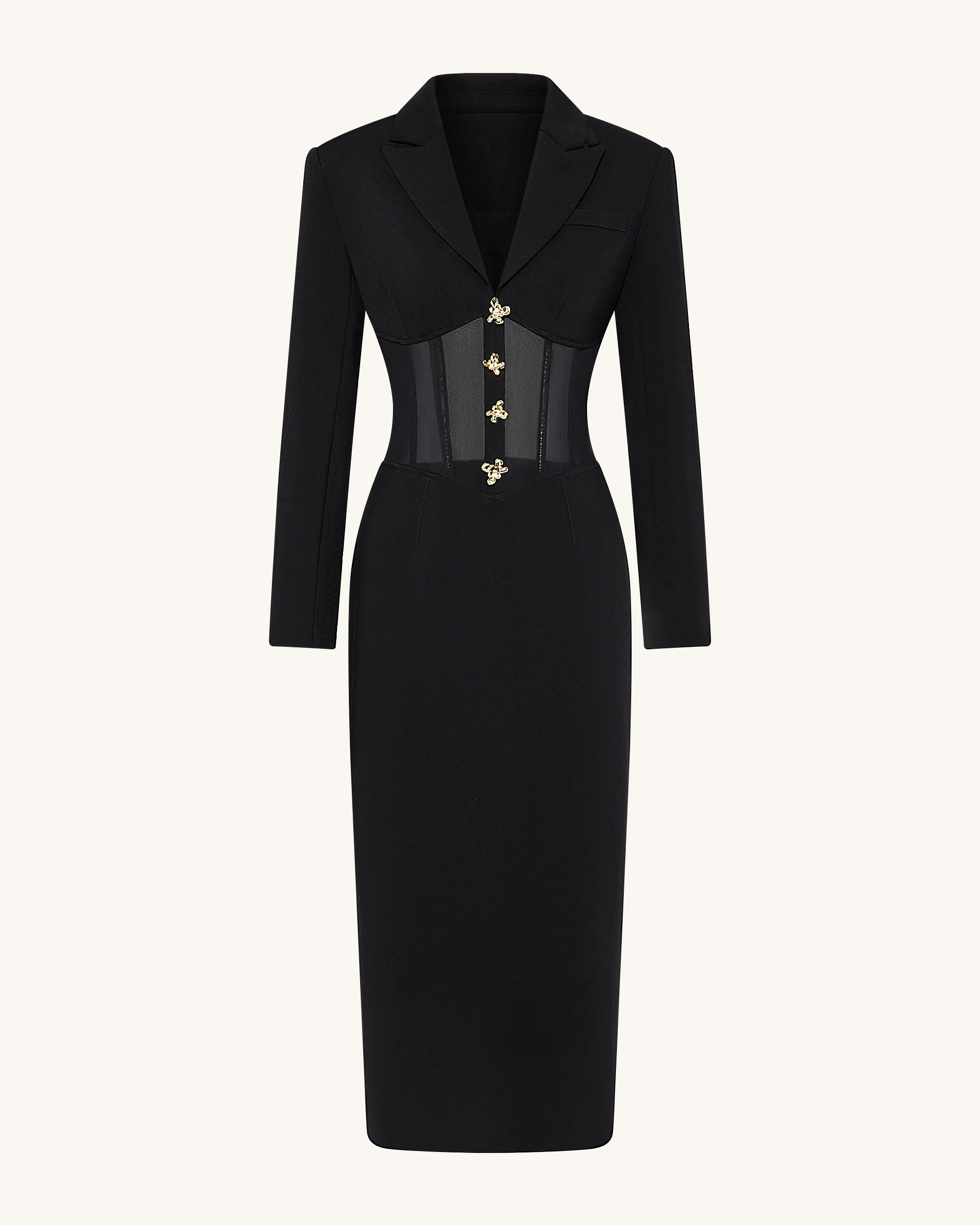 Sheer Boned Corset Waist Blazer Maxi Dress - Black