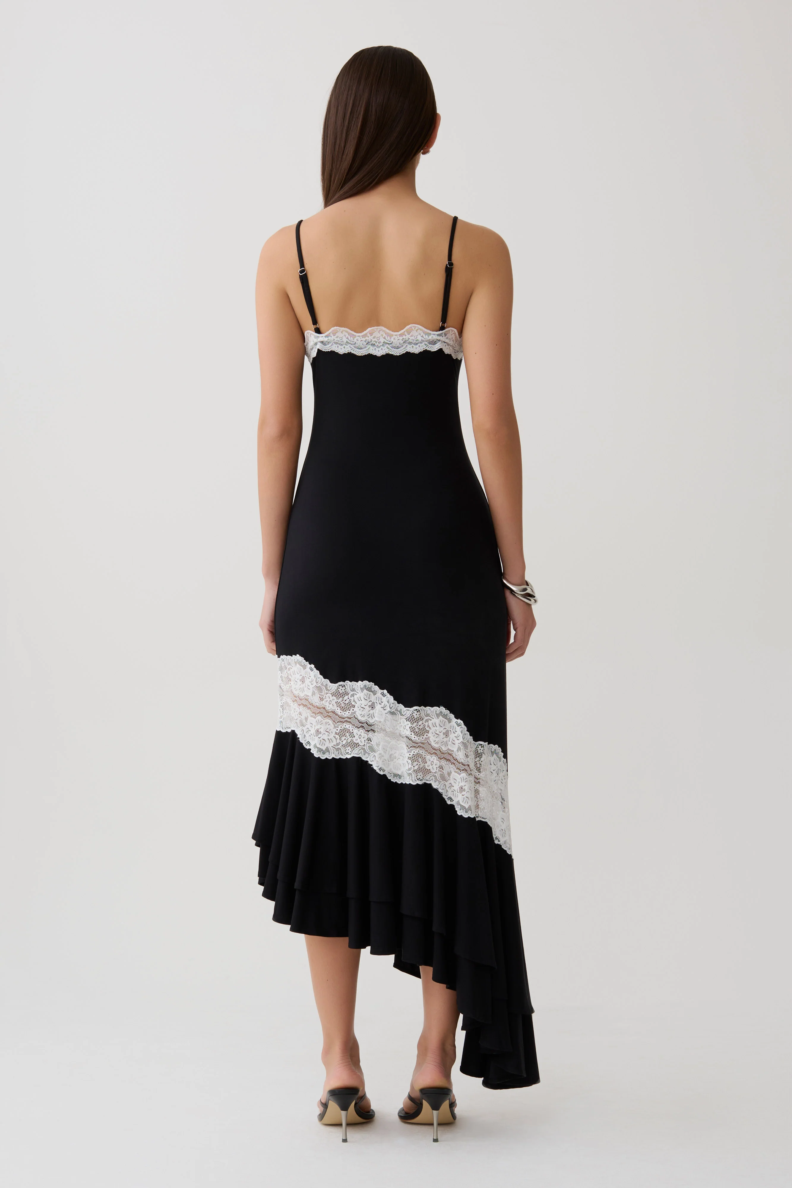 Annis Frilled Hem Lace Midi Dress - Black/White