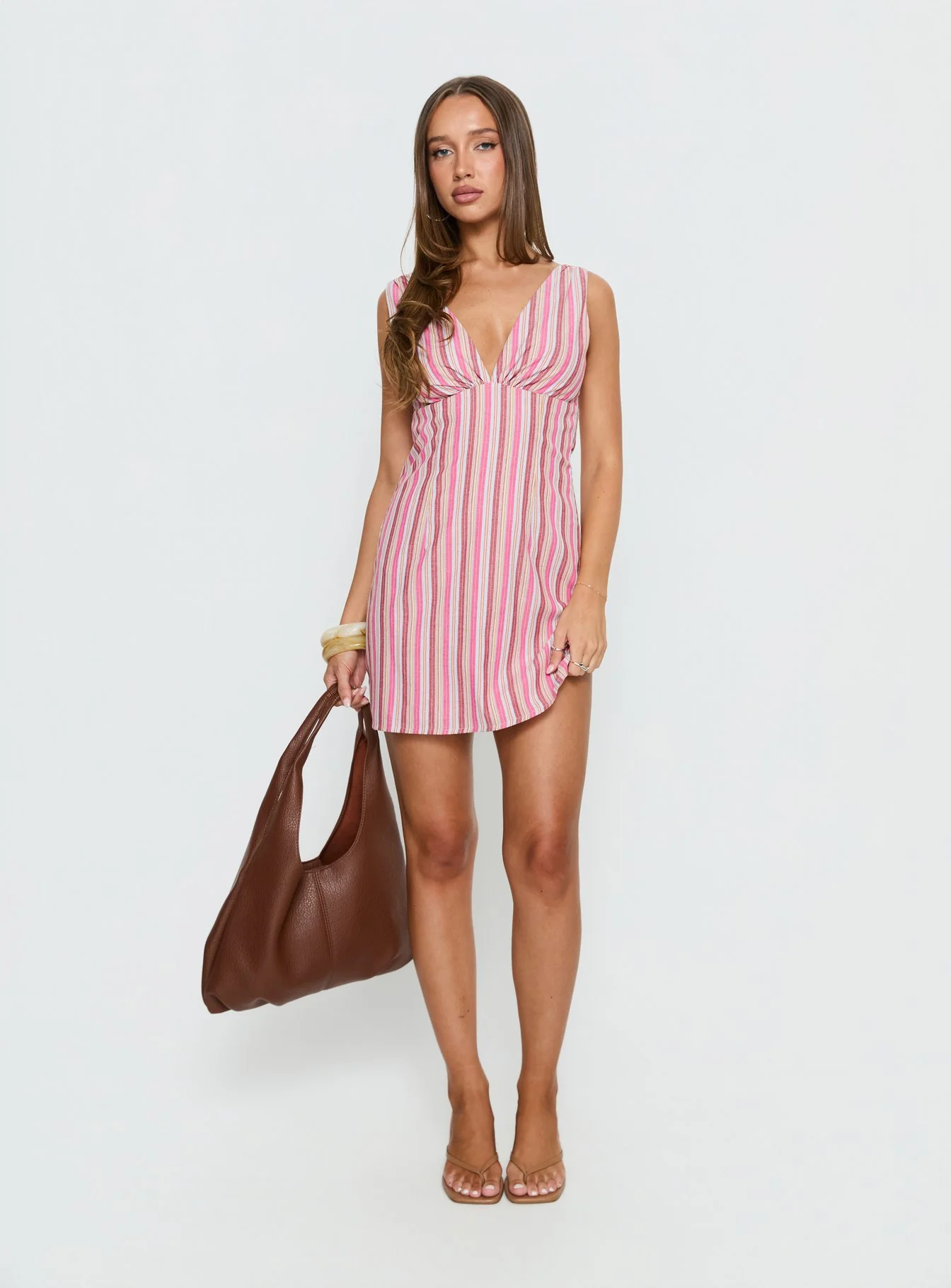Daphney Plunge Mini Dress Pink Stripe