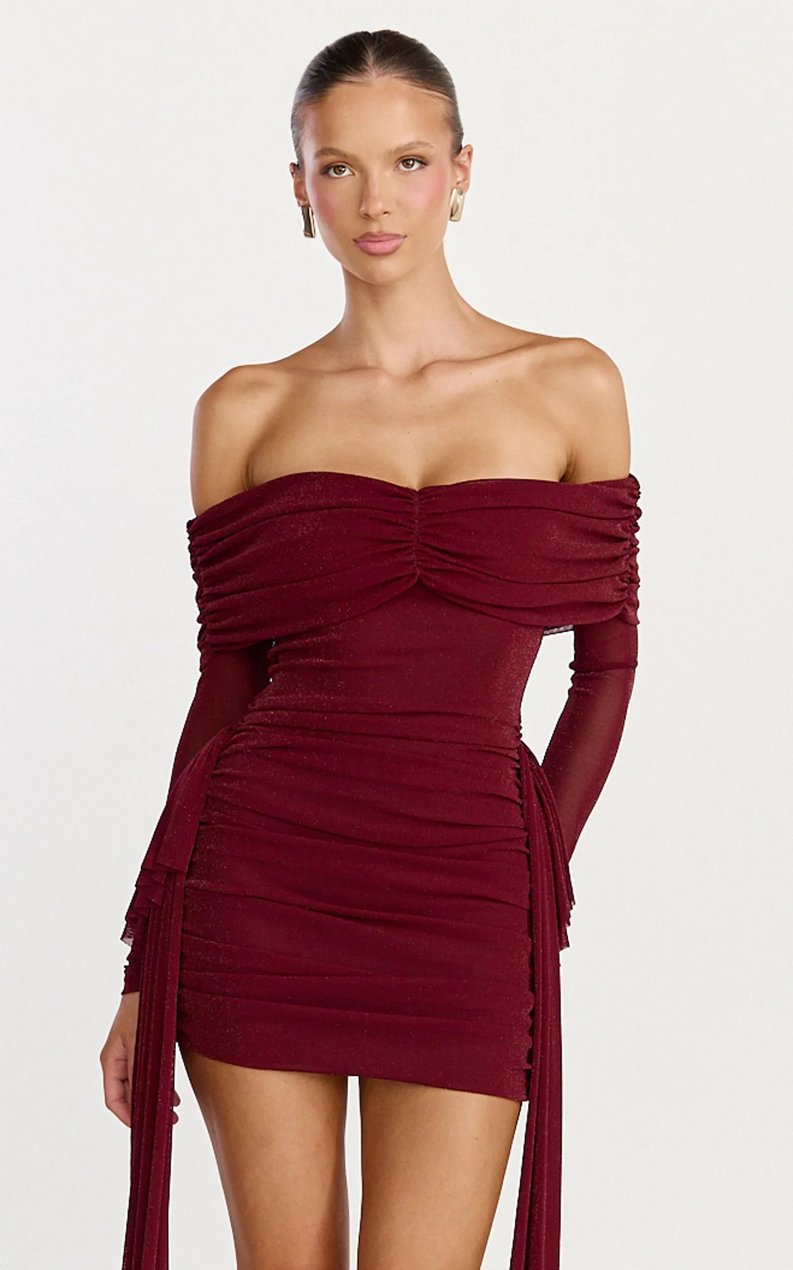 Coraline Mini Dress - Long Sleeve Off Shoulder Lurex Mesh Dress in Wine