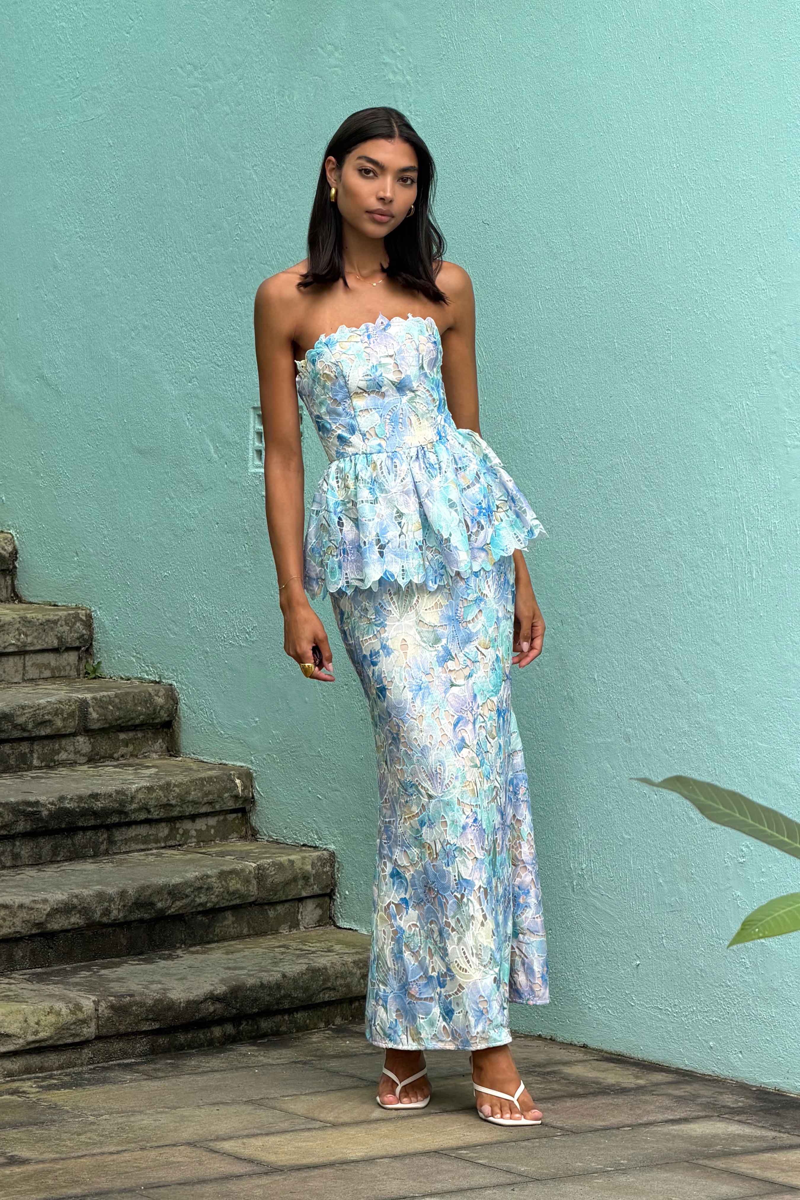 Kalissa Strapless Gown in Blue Floral