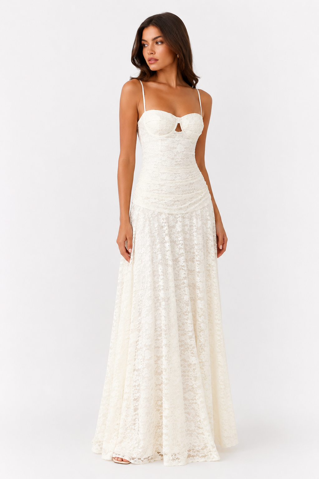 Elsa Maxi Dress Ivory side profile elegant lace gown