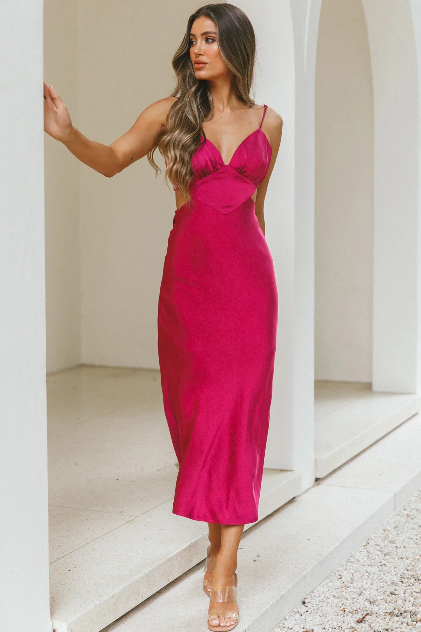 City Lights Cut-Out Waist Strappy Back Midi Dress Fuchsia