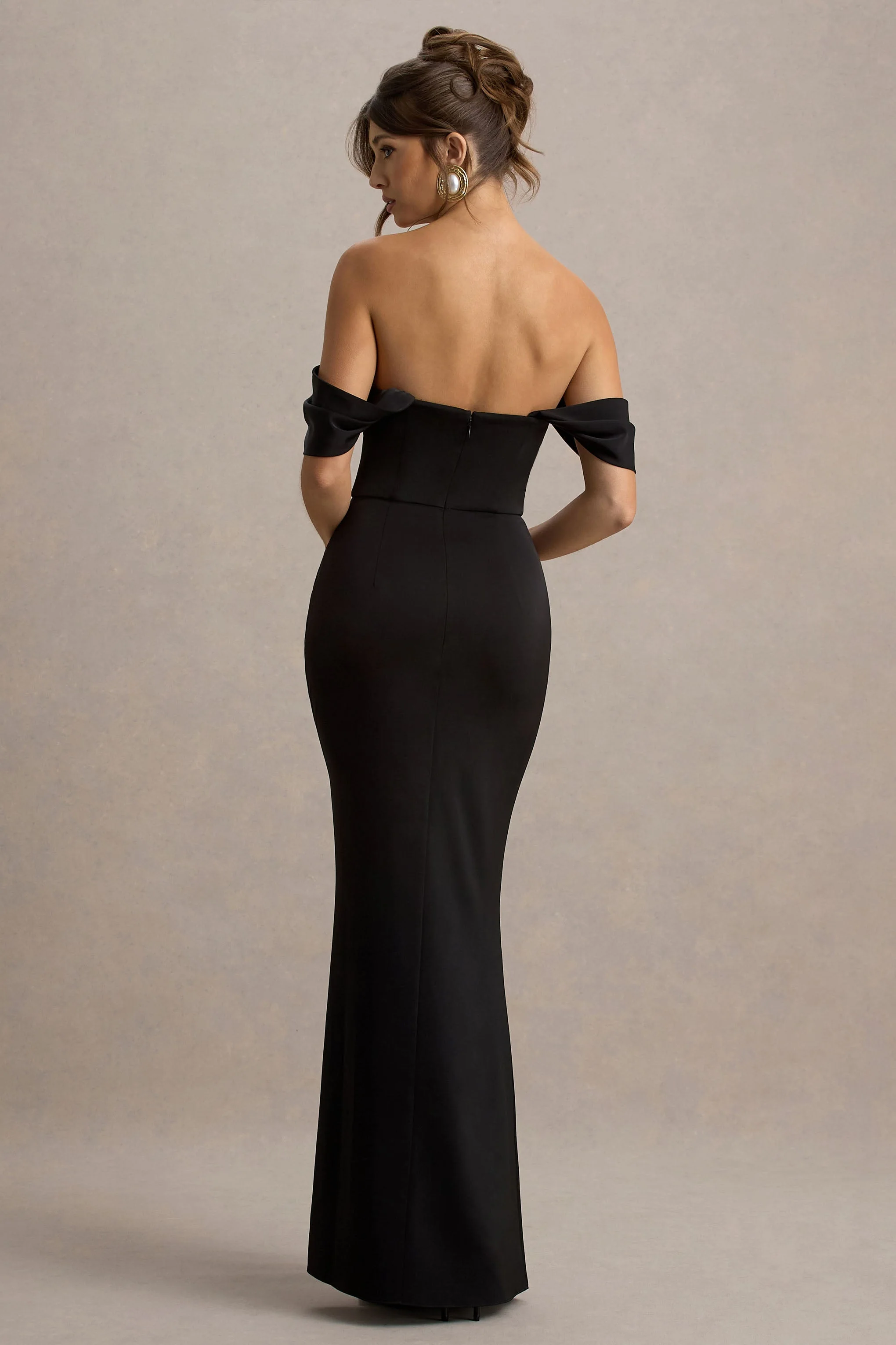 Annie | Black Satin Bardot Maxi Dress With Split Wrap Skirt