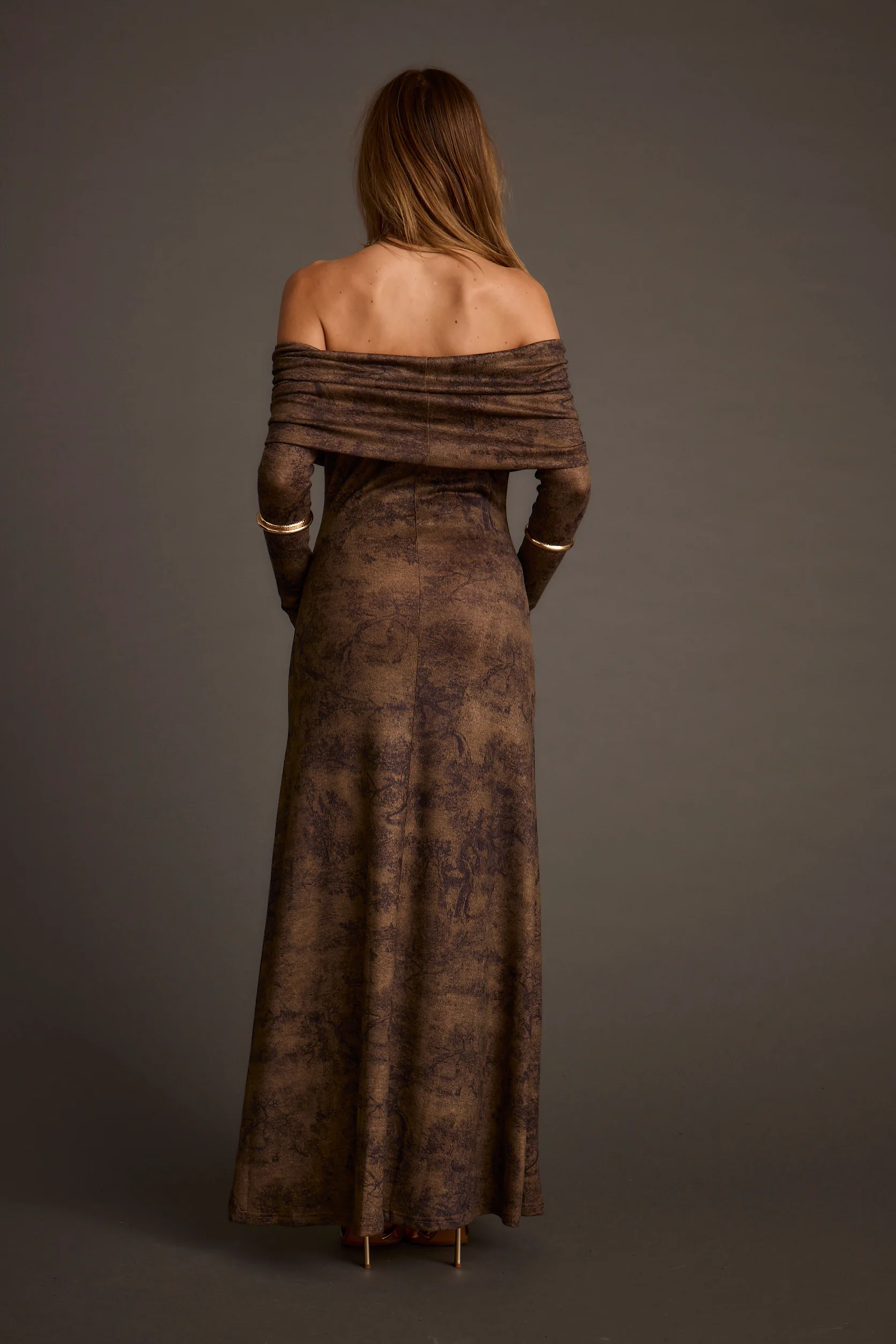 Hollis Mocha Blur Off the Shoulder Maxi Dress