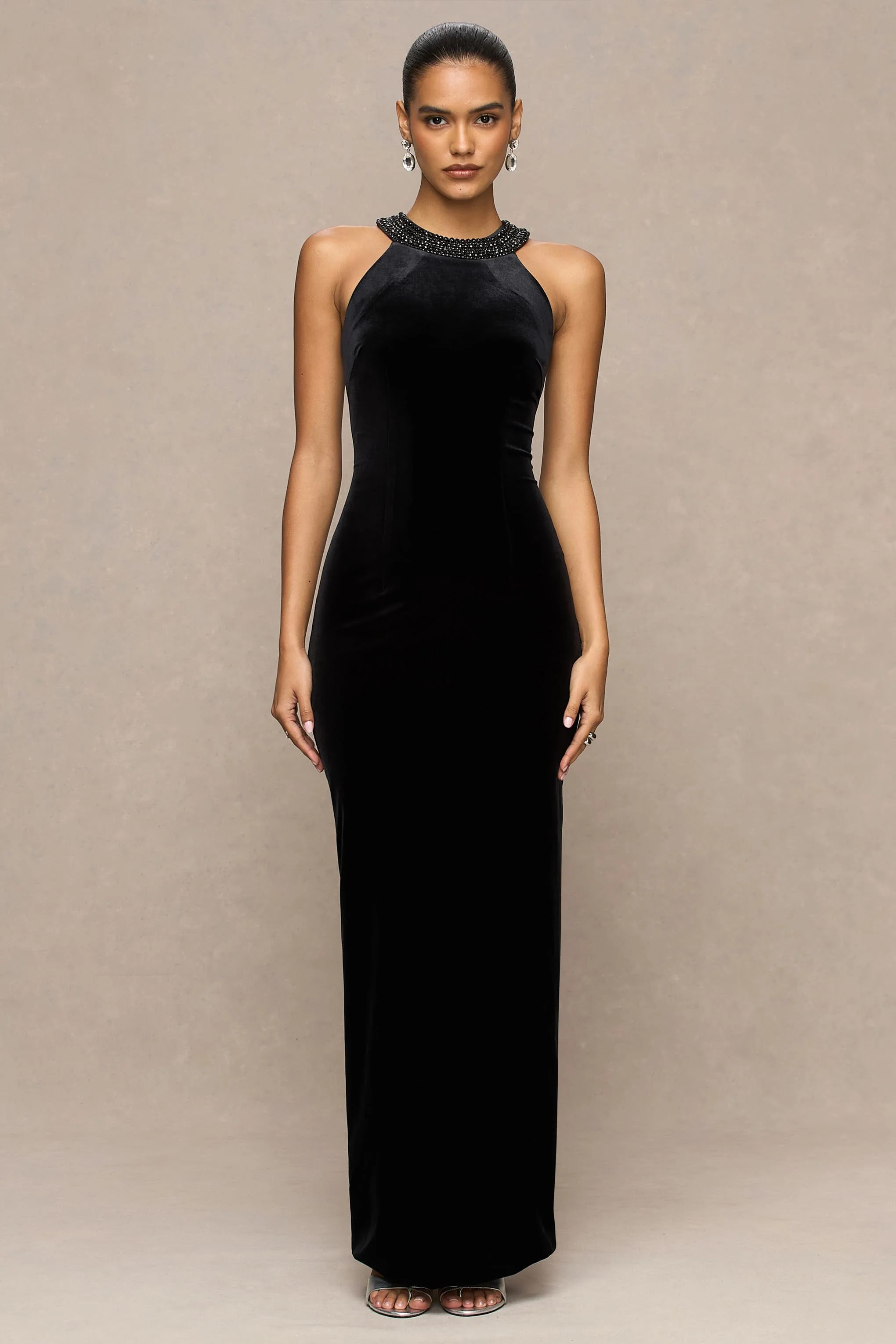 Darya | Black Velvet Embellished High-Neck Maxi Dress