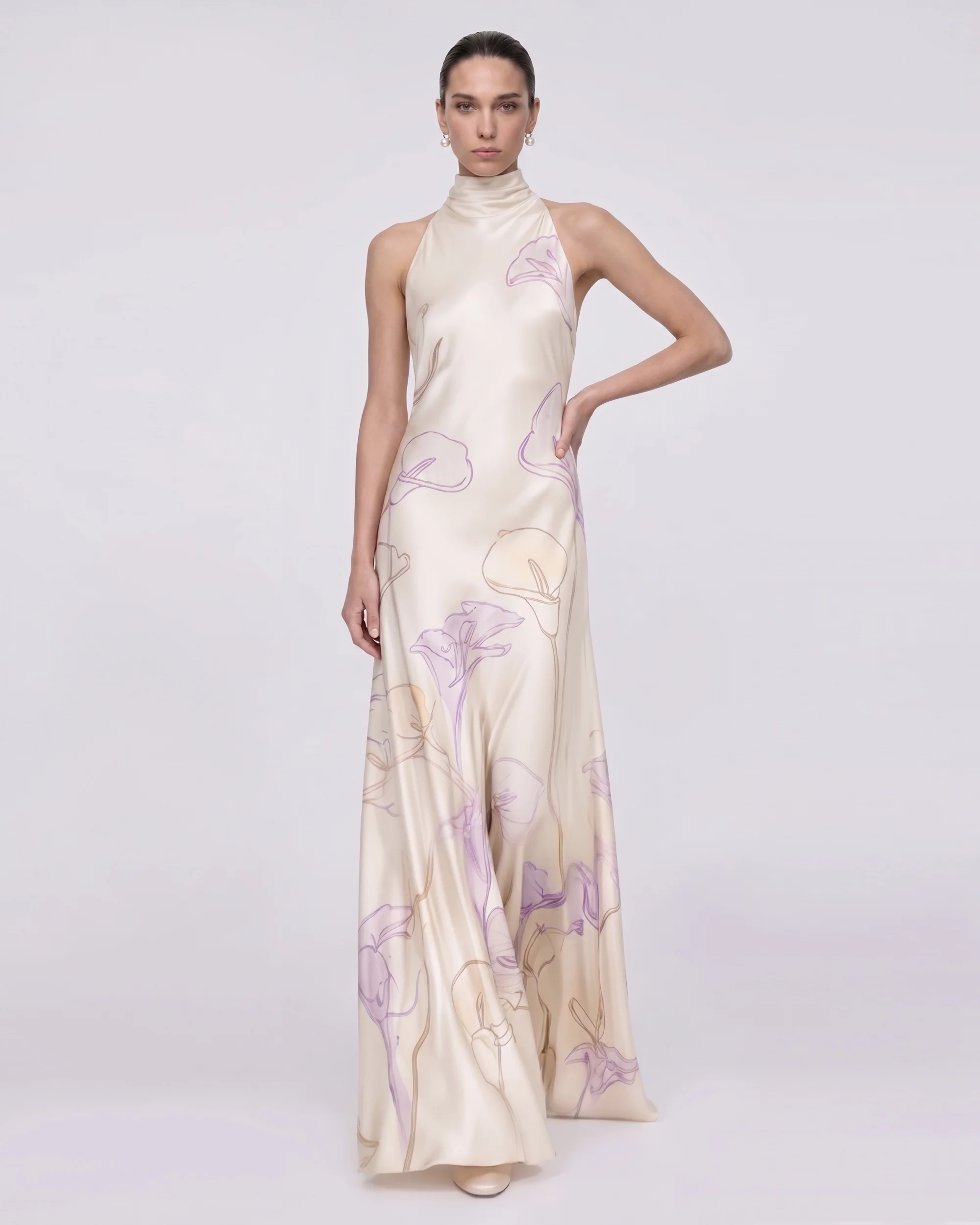 Calla Lily Print High-Neck Satin Maxi Dress - Ivory